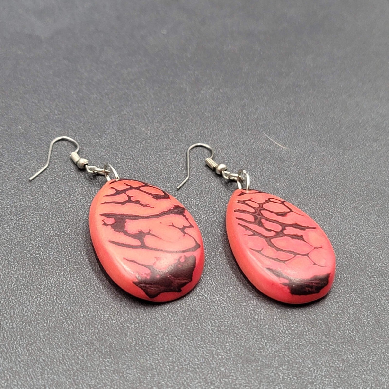 Pierced Earrings Red Dyed Tagua Nut Dangle Silver tone 1.75"