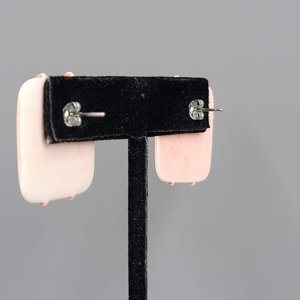 Vintage Salmon Pink White Pierced Earrings Embossed Square Drop 1"