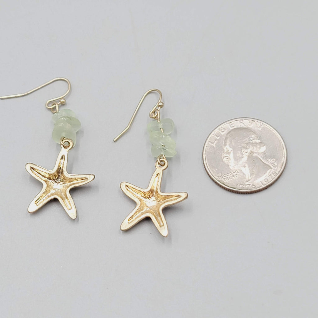 Starfish Dangle Pierced Earrings Gold Tone Green Gemstone Beads Beach  1.5"