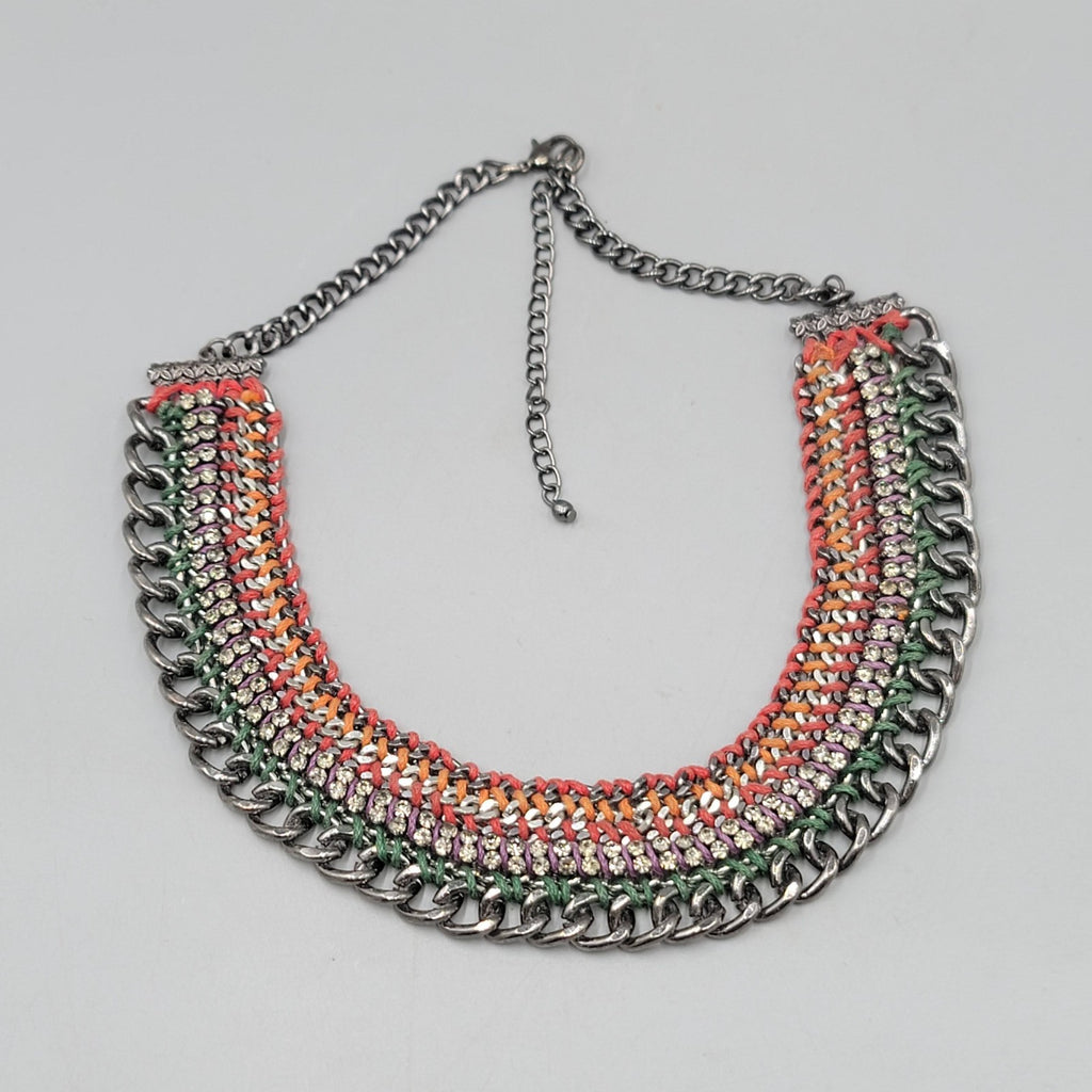 Chain Bib Necklace Rhinestone Red Orange Purple Green 16"-18"