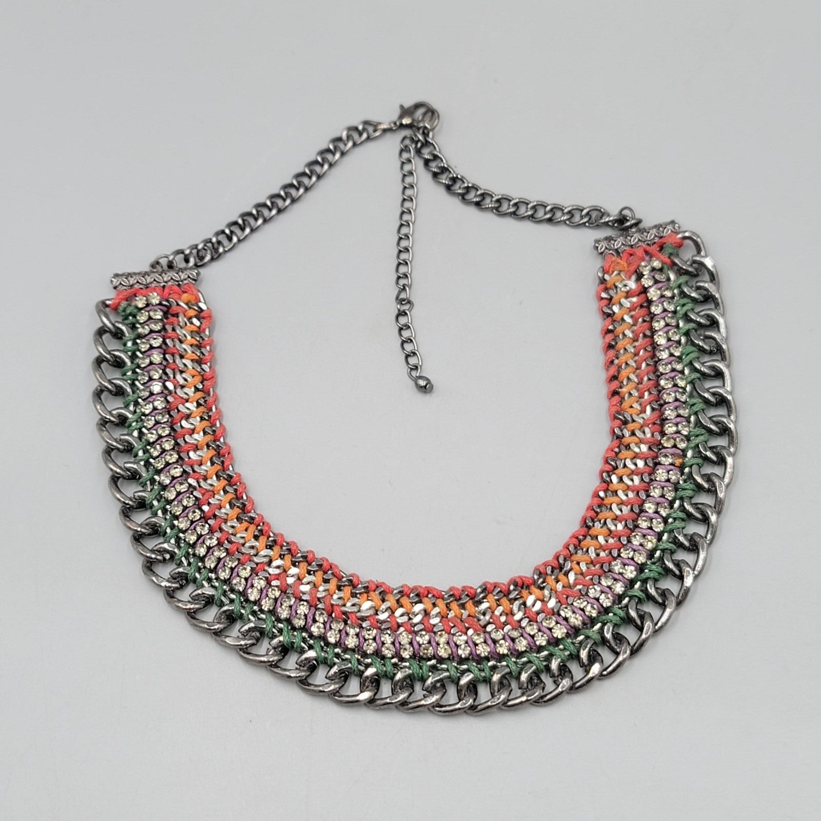 Chain Bib Necklace Rhinestone Red Orange Purple Green 16"-18"