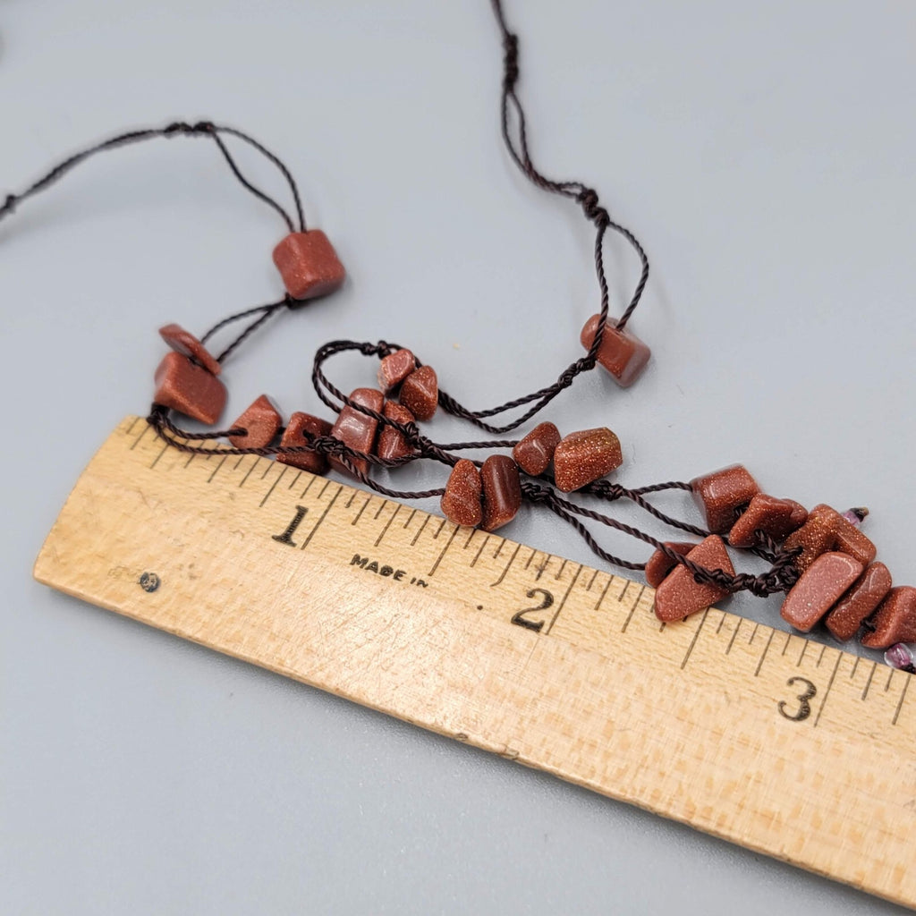 Gold Sandstone Chip Beads Necklace Hand Knotted Cord 18''