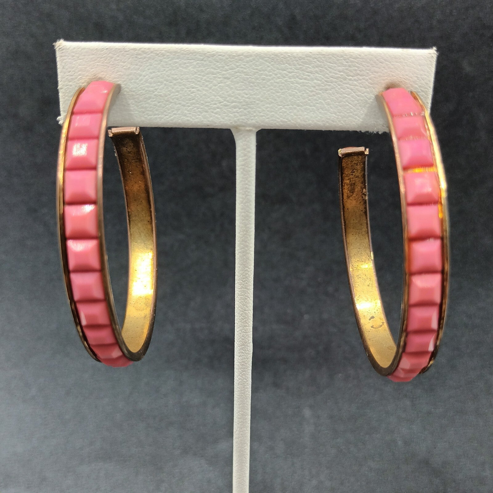 Pierced Earrings Bronze tone Pink Faceted Acrylic Statement Hoop 2 1/8"