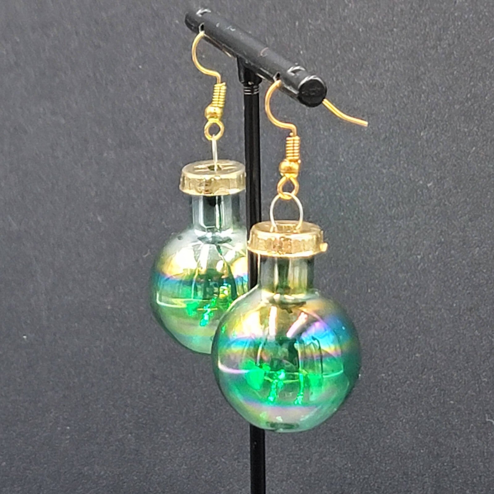 Christmas Pierced Earrings Green Glass Ornament Dangle 1.25"