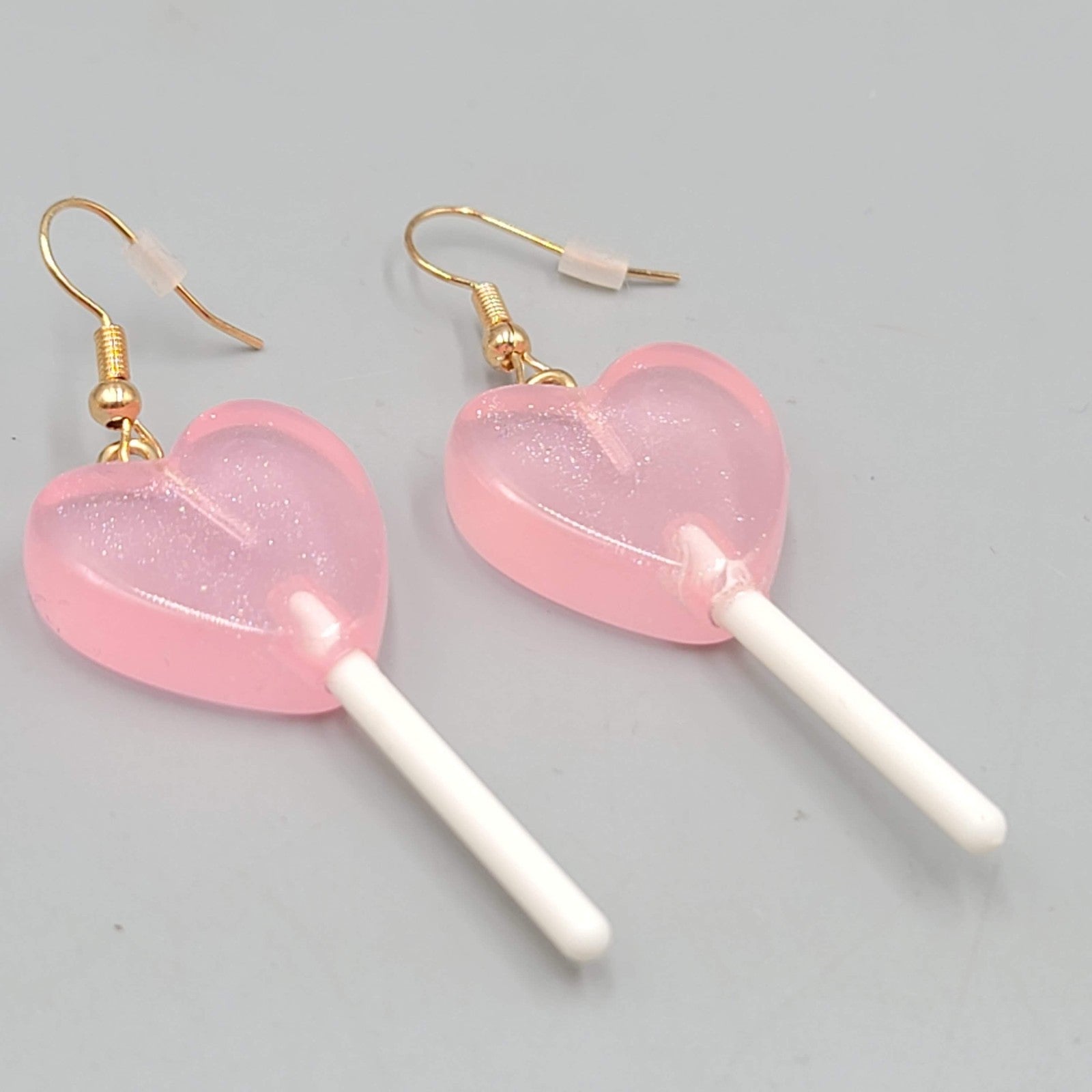 Heart Lollipop Dangle Pierced Earrings Resin Gold Hook Candy 1.75"