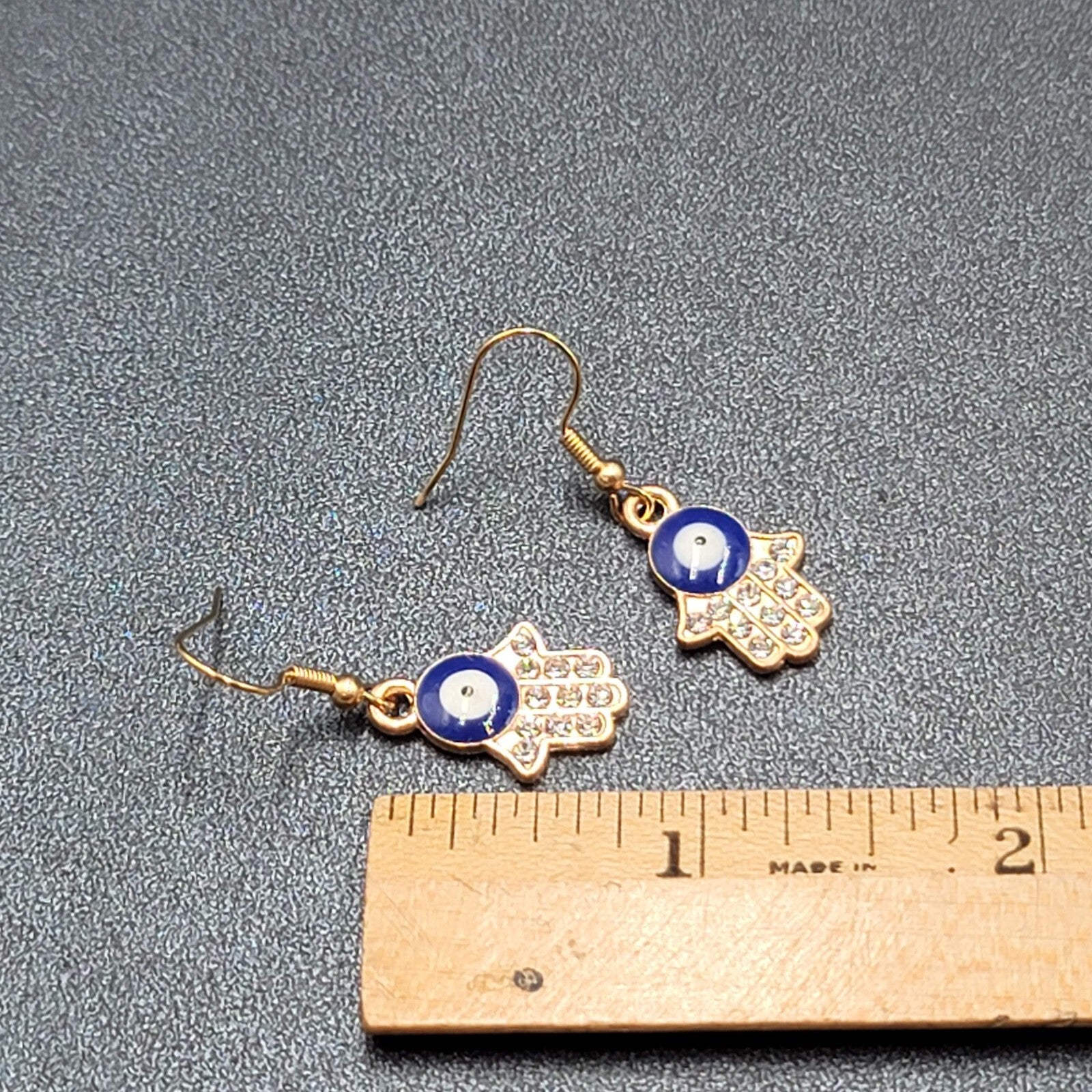 Hamsa Evil Eye Pierced Earrings Gold tone Enamel Rhinestone Dangle 7/8" New