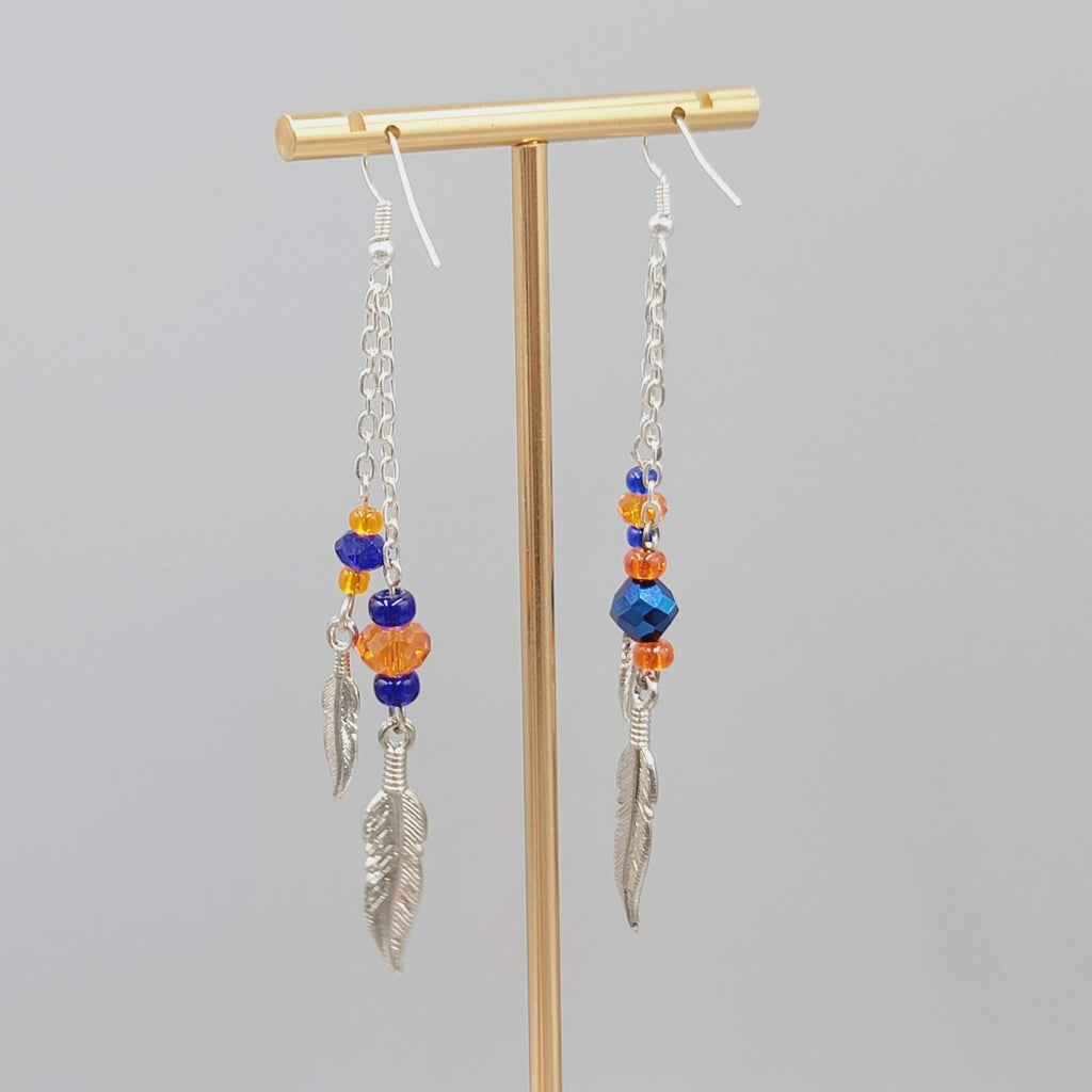 Dangle Pierced Earrings Silvertone Bead Chain Feather Accent 3.25" Denver Bronco