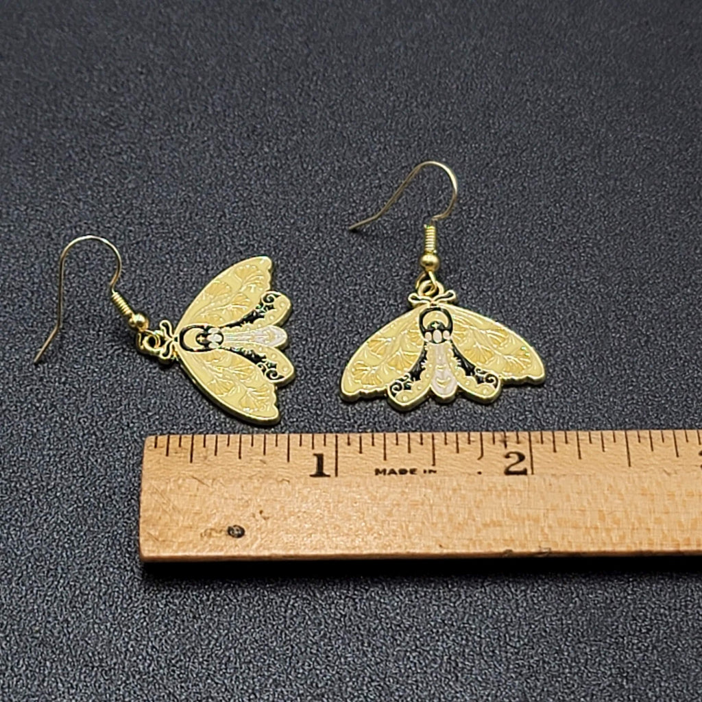 Moth Pierced Earrings Gold tone Yellow Black Enamel Dangle 3/4"