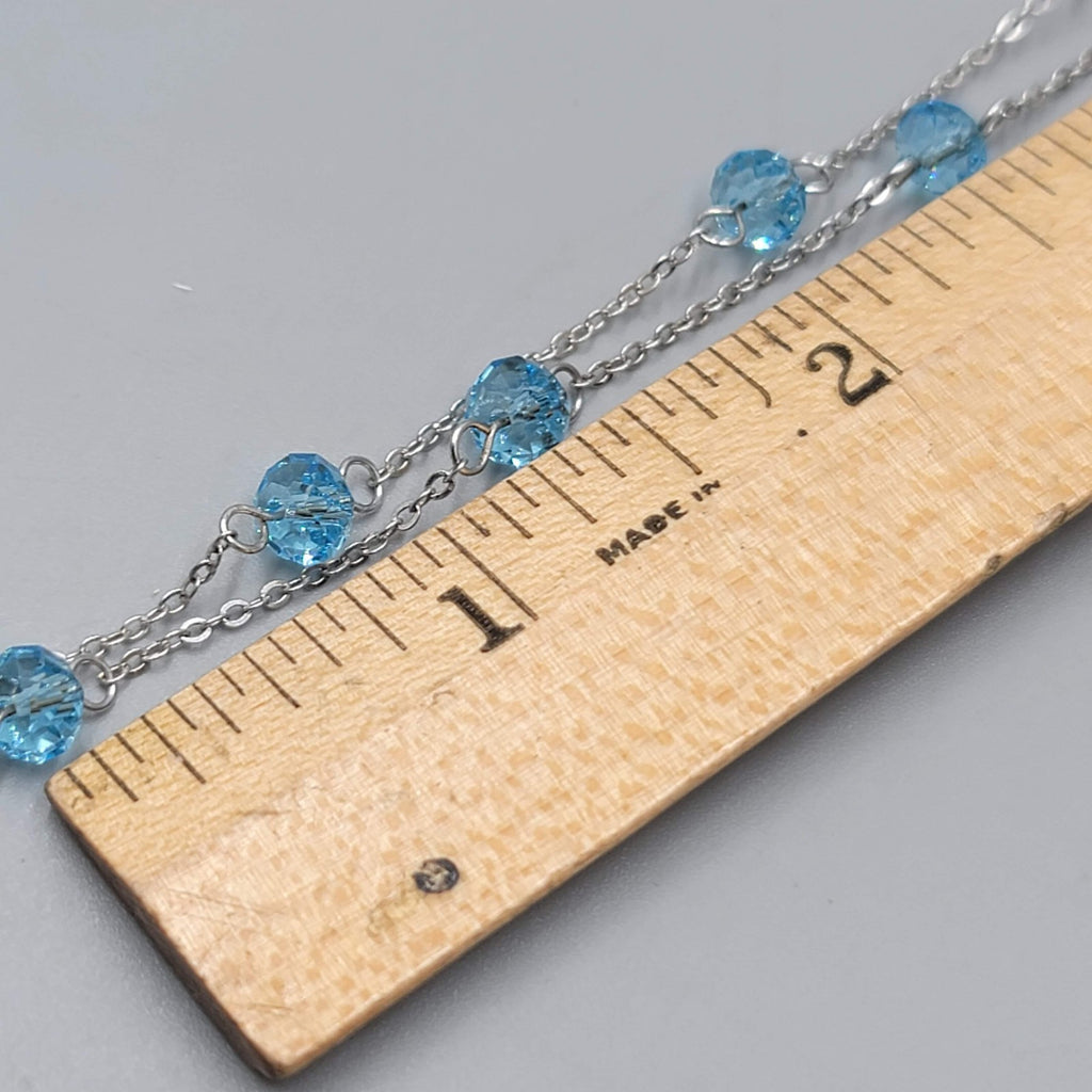 Blue Crystal Station Necklace Dainty Silver Plated 18"