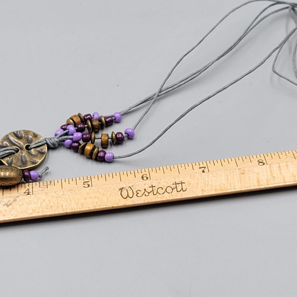 Long Charm Y Drop Necklace Bronze tone Purple Bead Gray Cord 32"