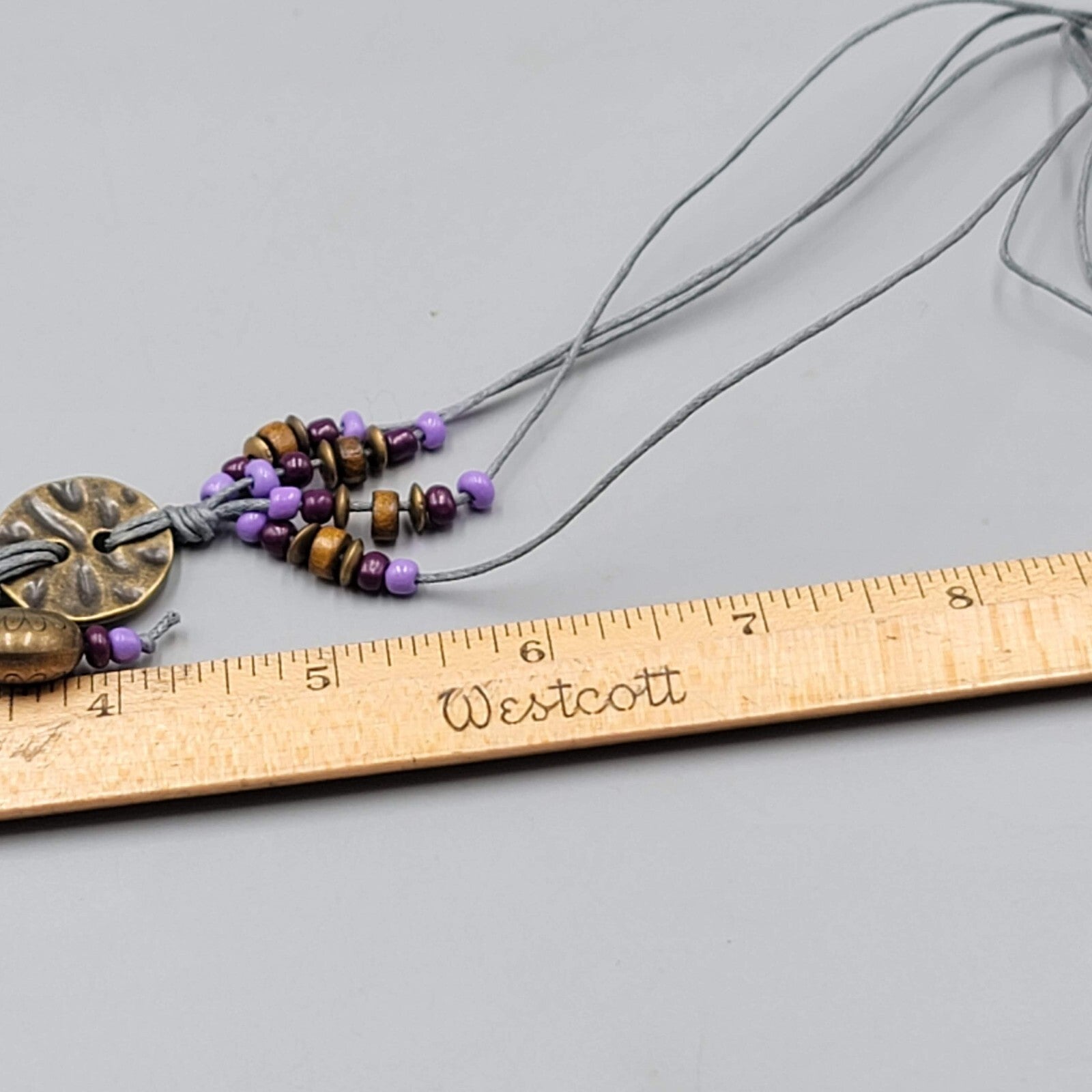 Long Charm Y Drop Necklace Bronze tone Purple Bead Gray Cord 32"