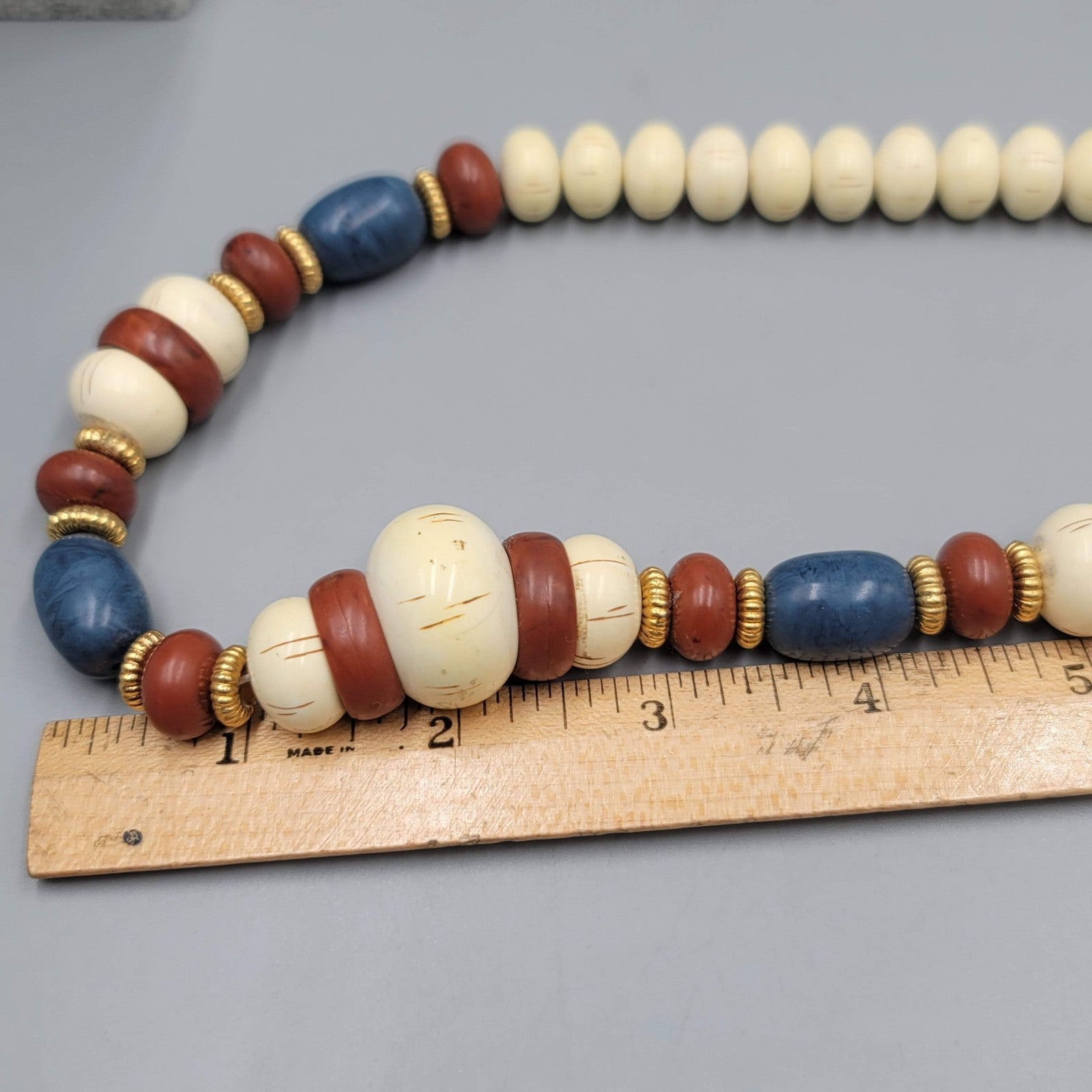 Vintage Beaded Necklace Hidden Clasp Beige Brown Blue Estate Costume Jewelry 20"