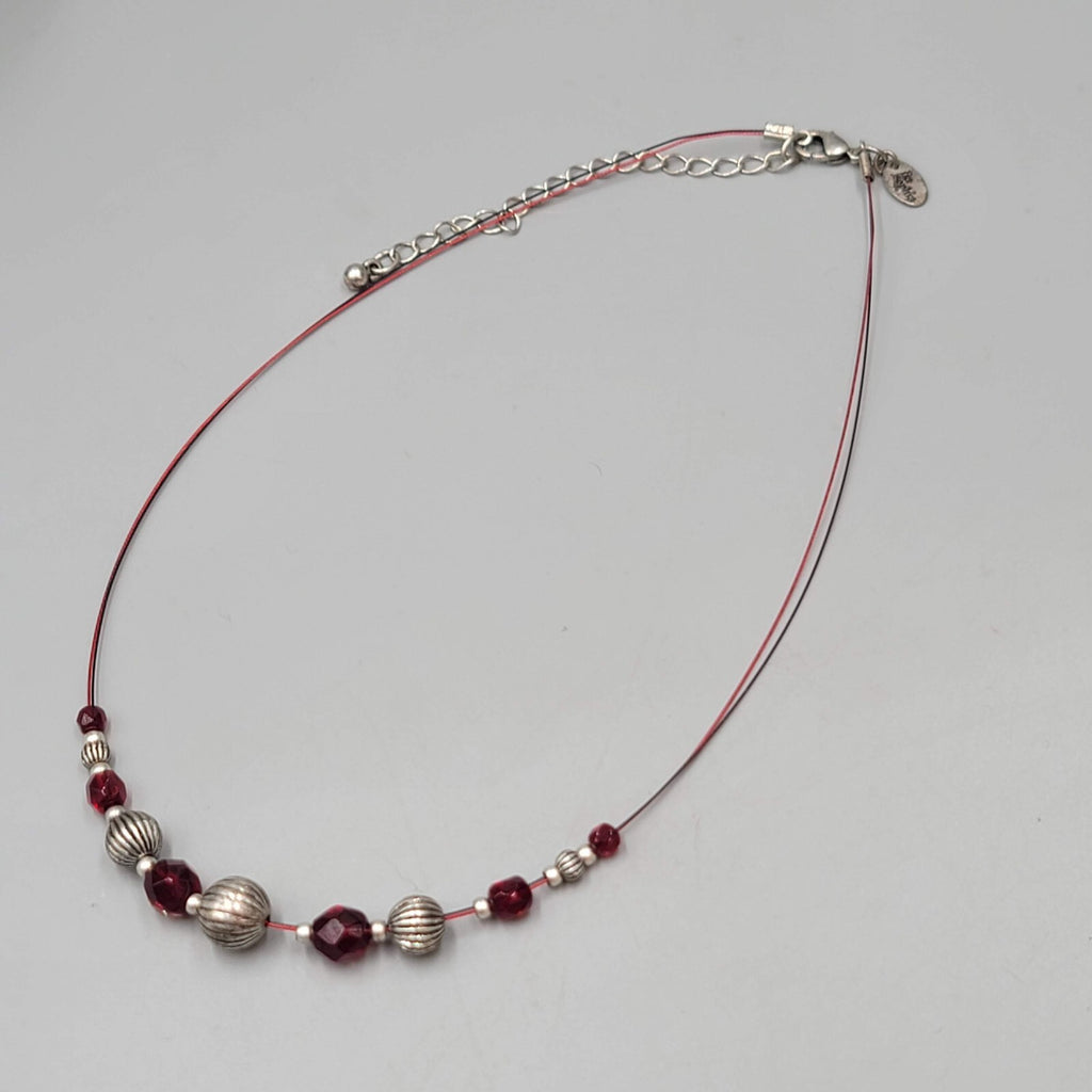 Bead Necklace Silver tone Red Faceted Beads Red Cord 18"