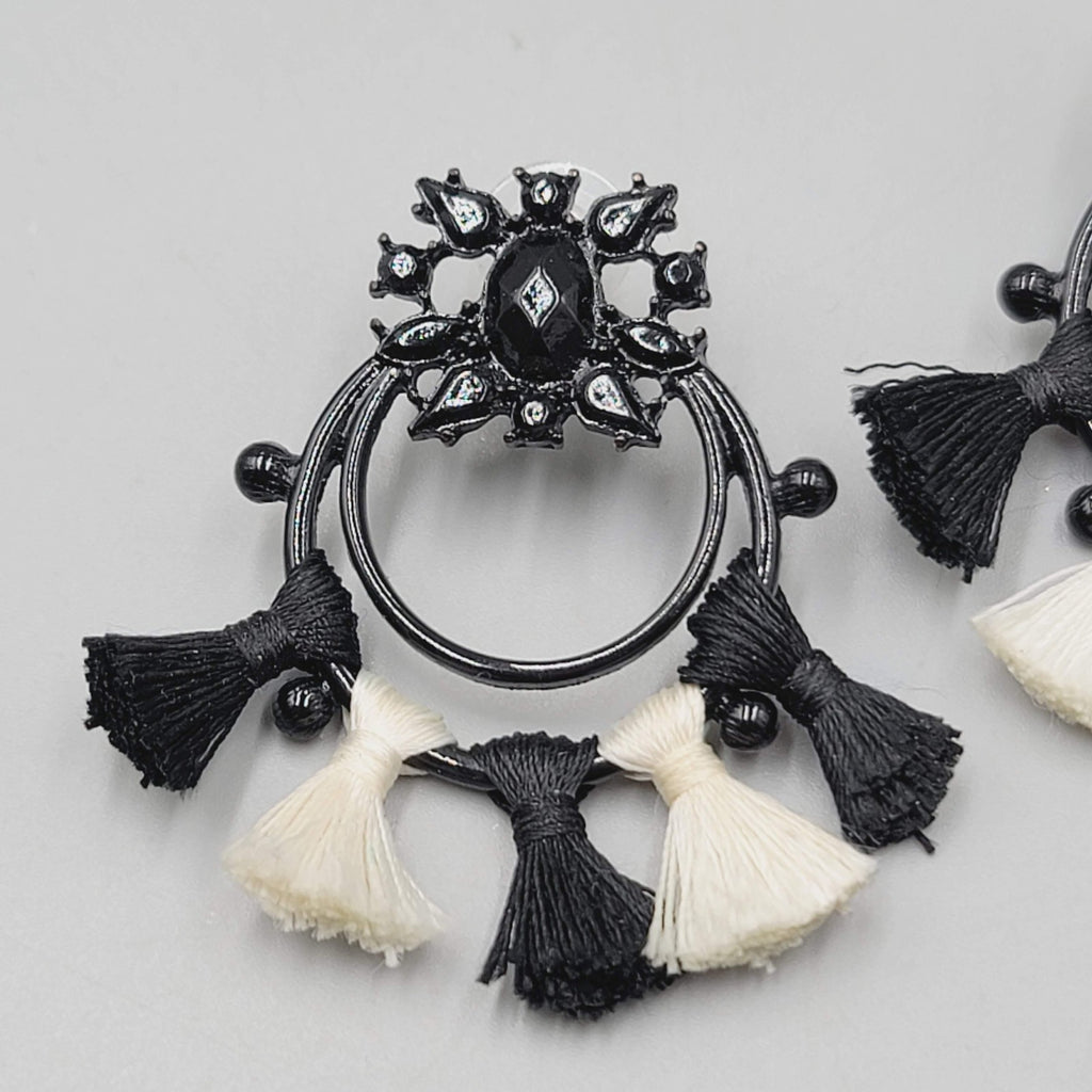 Black White Tassel Statement Pierced Earrings Boho Statement Drop Enamel 2"