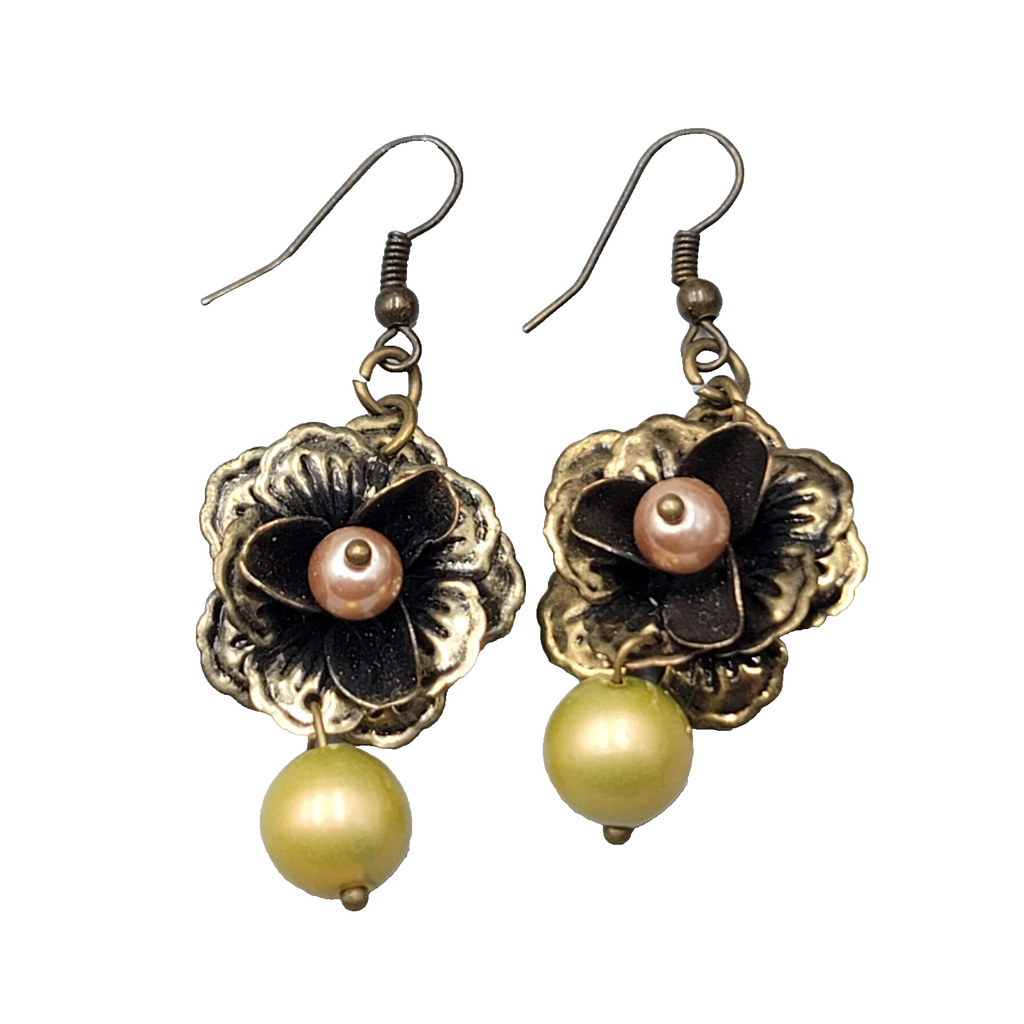 Flower Dangle Pierced Earrings Bronze tone Green Pink Bead 1.25"