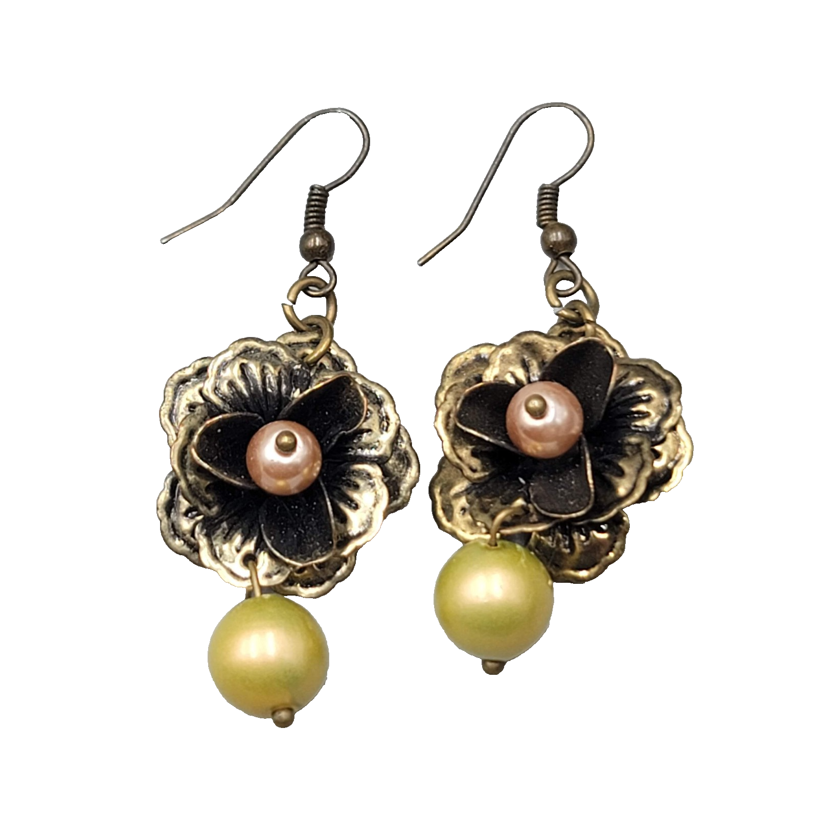 Flower Dangle Pierced Earrings Bronze tone Green Pink Bead 1.25"