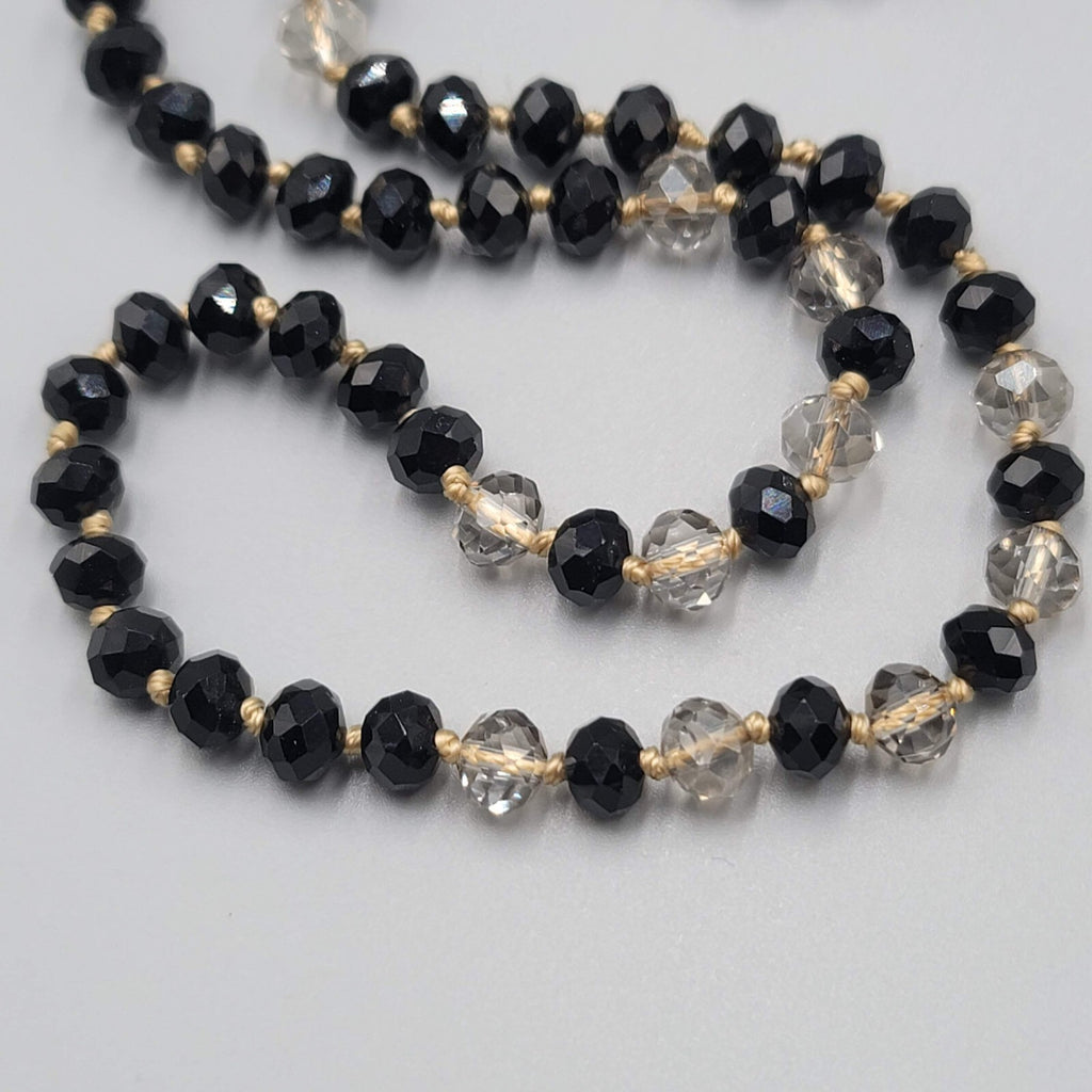 Hand Knotted Facet Cut Black Crystal Bead Necklace 30 in