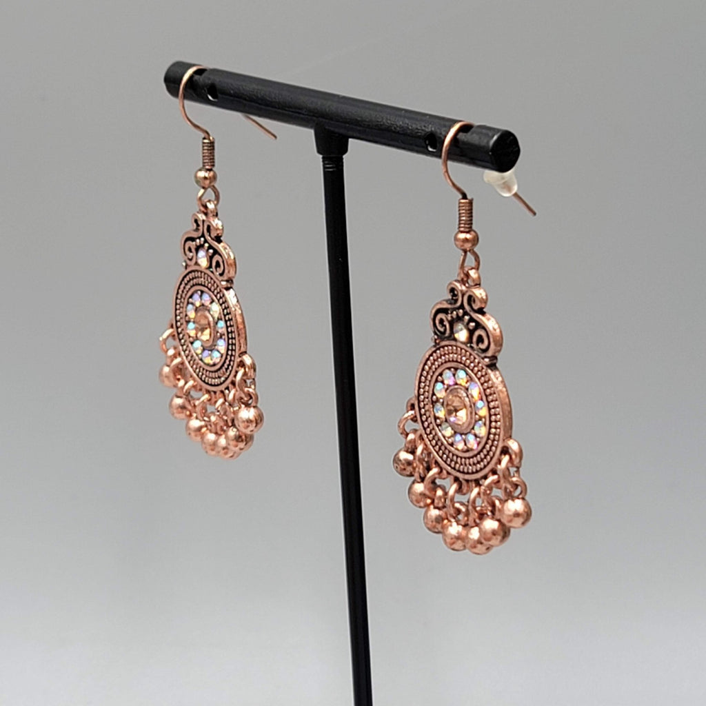 Copper tone Chandelier Pierced Earrings AB Rhinestone Dangle 1.25"