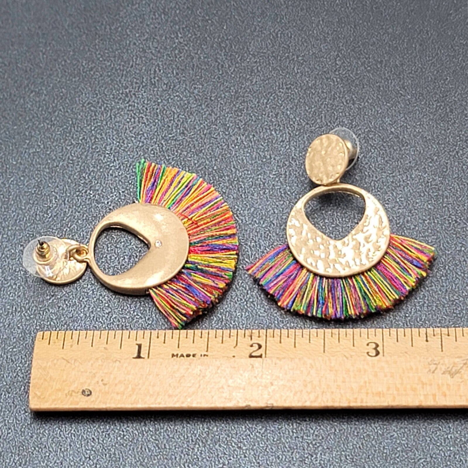Pierced Earrings Gold tone Multicolor Tassel Boho 1.75"