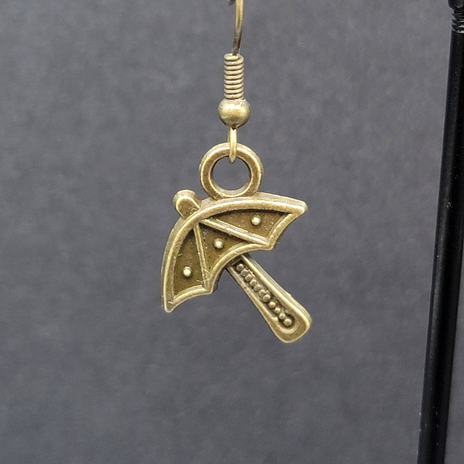 New Umbrella Pierced Earrings Embossed Bronze tone Dangle 3/4"