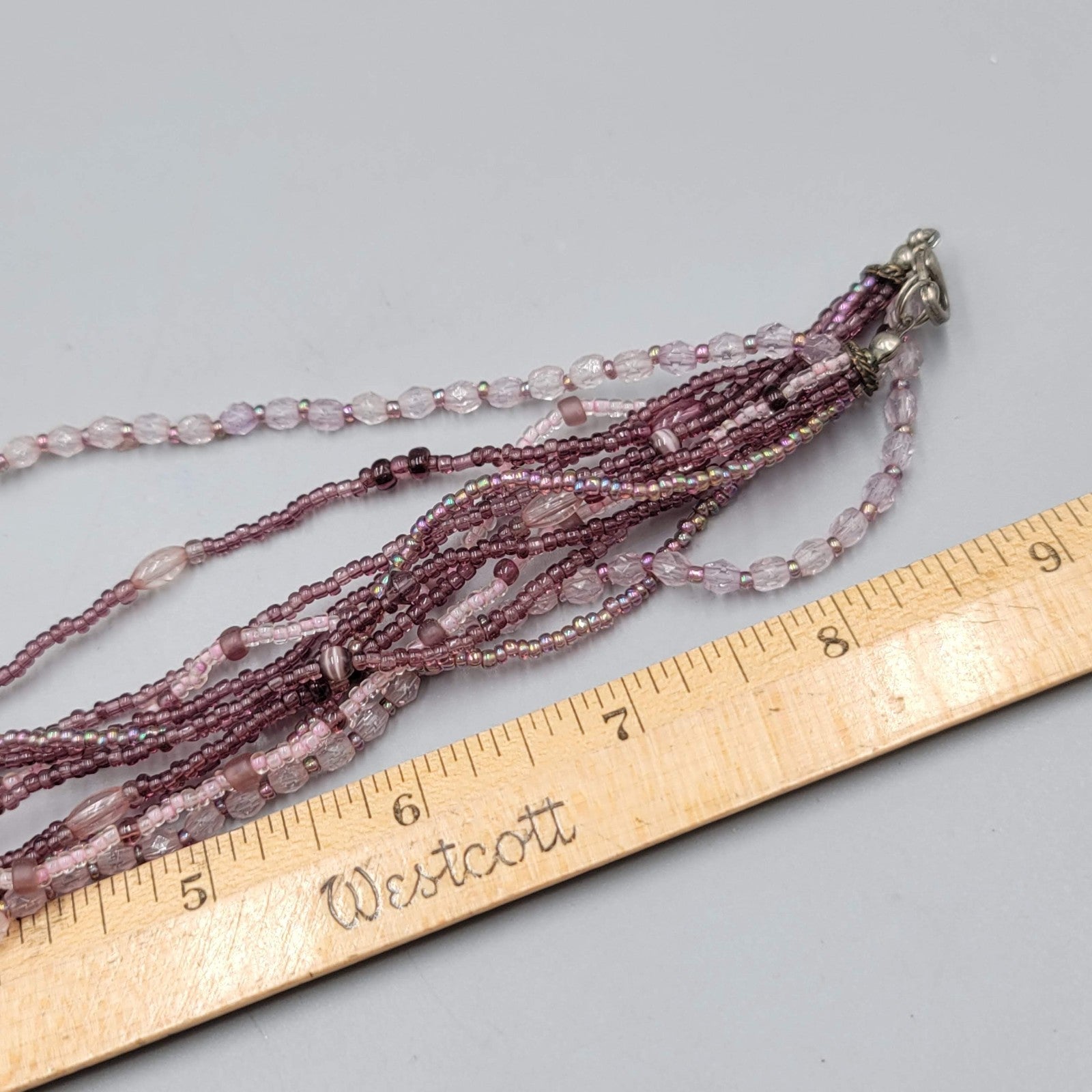 Multi Strand Purple Seed Bead Necklace Silver tone Pendant 18"