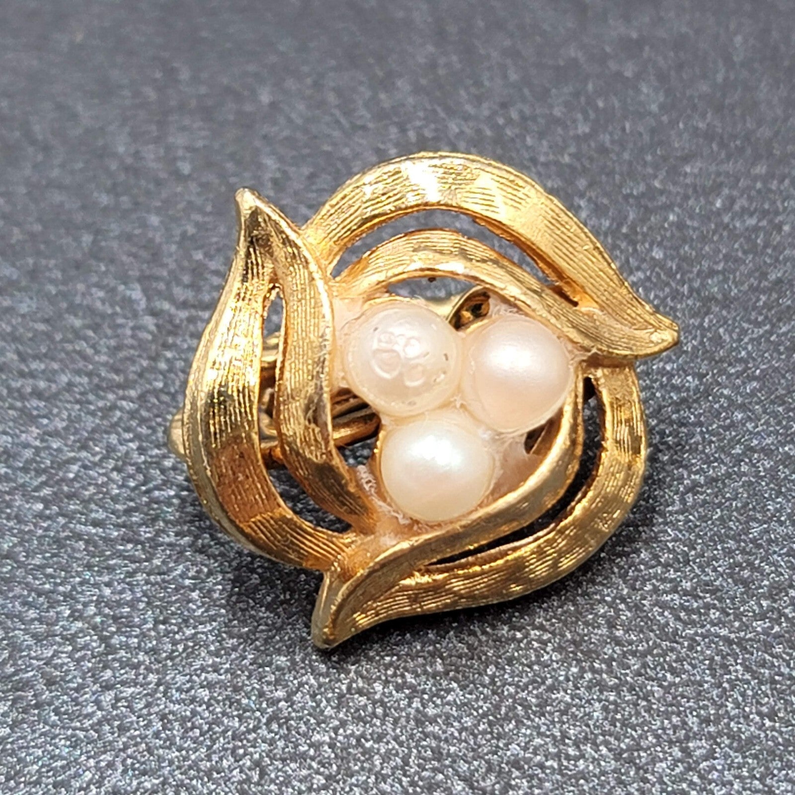 Vintage Clip on Earrings Textured Gold tone Faux Pearl Studs 3/4"