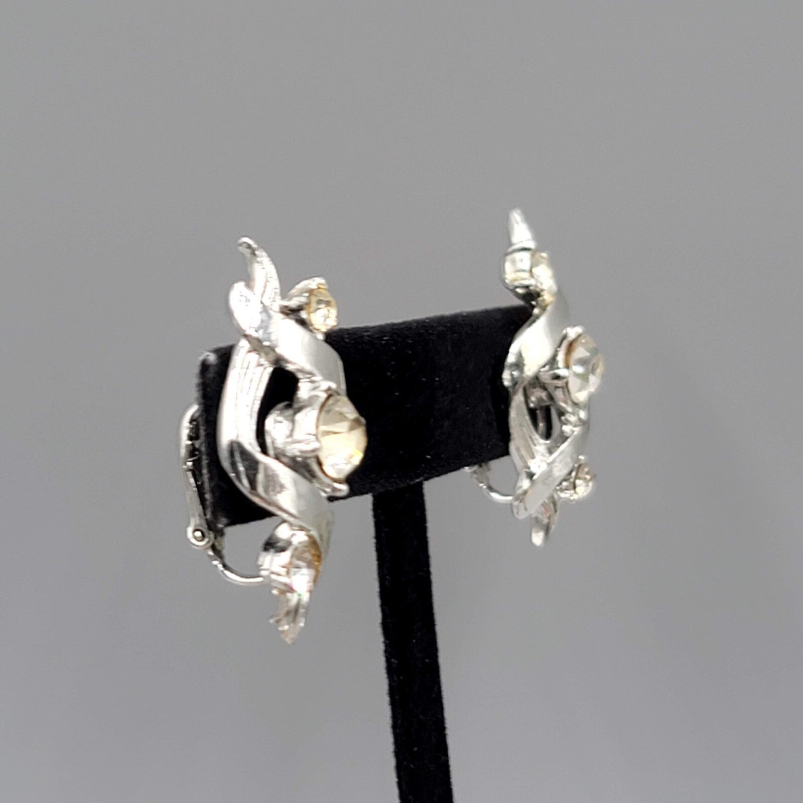 Vintage Clip on Earrings Silver tone Climber Rhinestone Twirl 1 1/8"