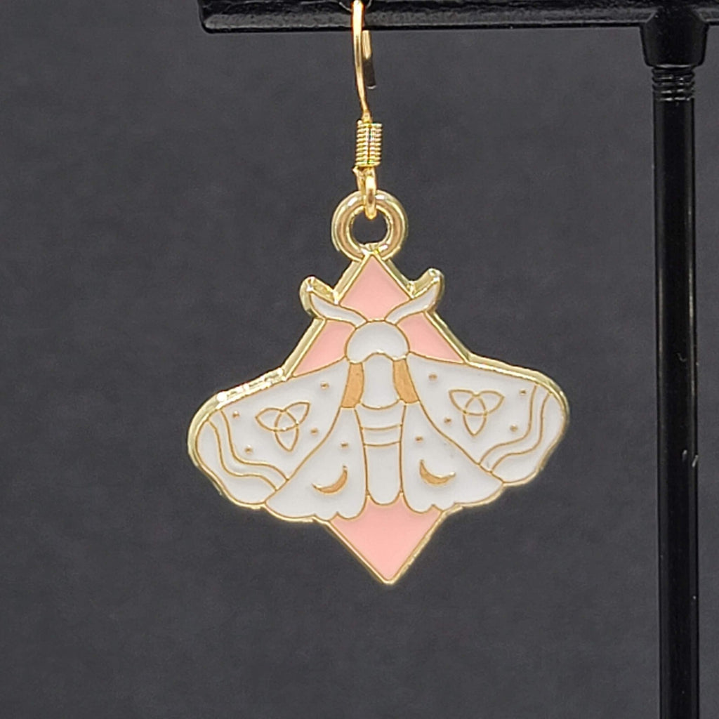 White Moth Pink Enamel Pierced Earrings Gold tone Dangle Butterfly 1"