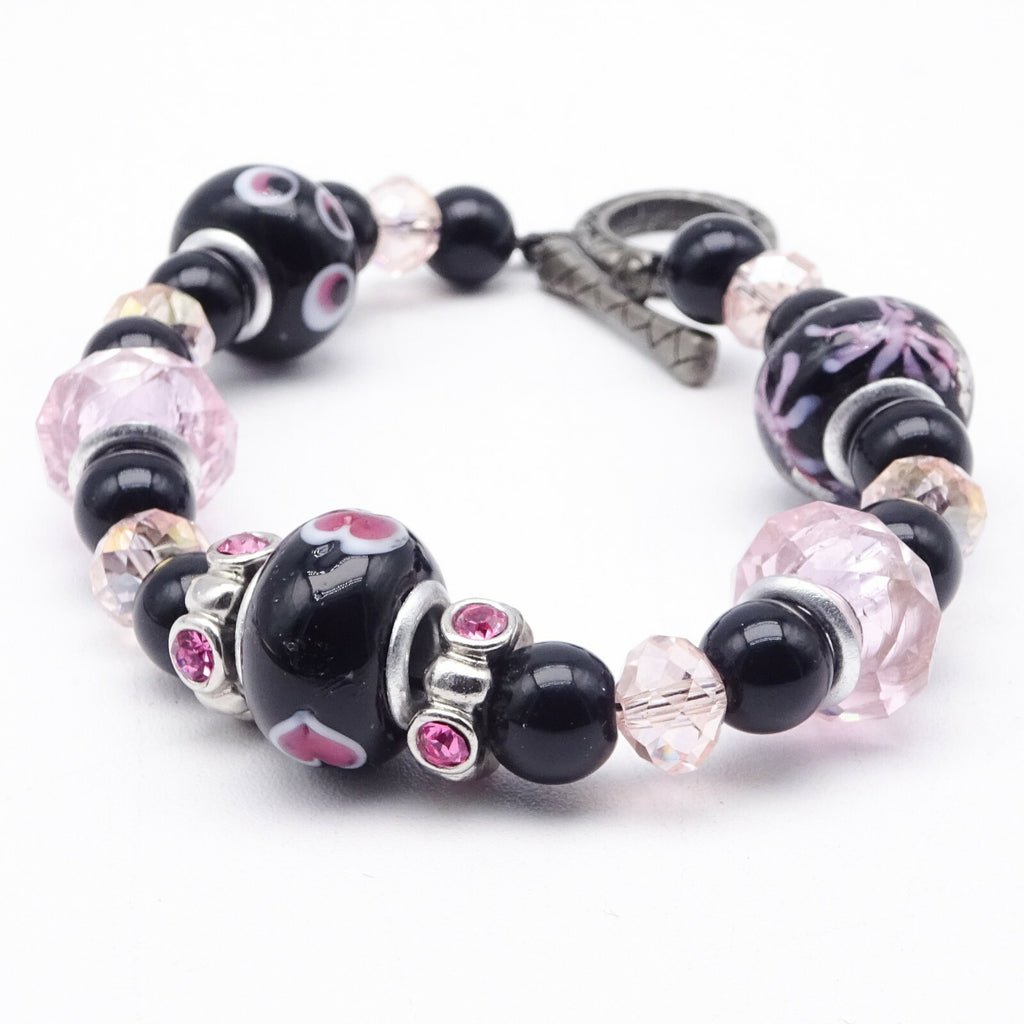 Pink Black Bead Slide Bracelet Silver tone Estate Costume 7.75"