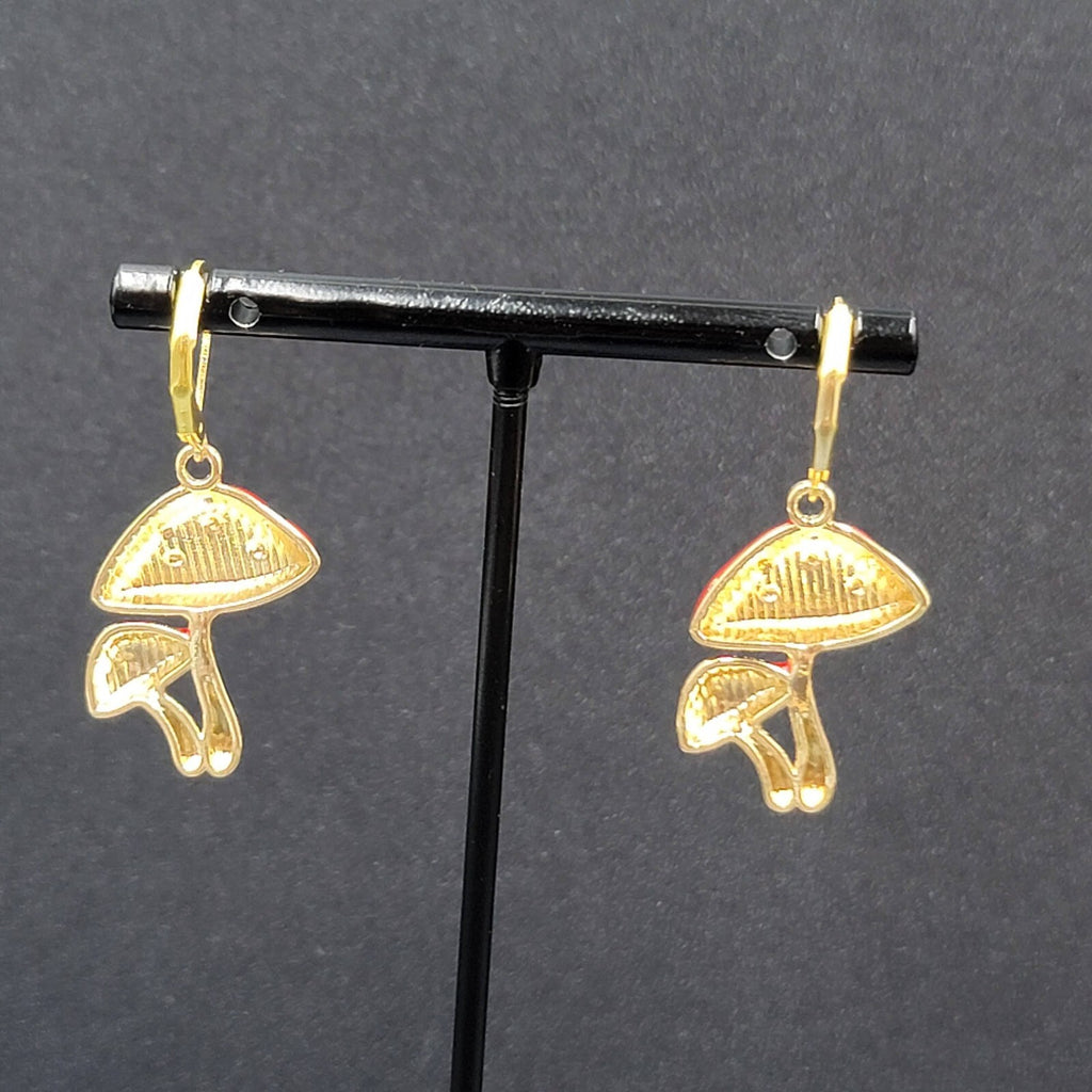 Double Mushroom Pierced Earrings Gold tone Enamel Red White Polka Dot Dangle 1"