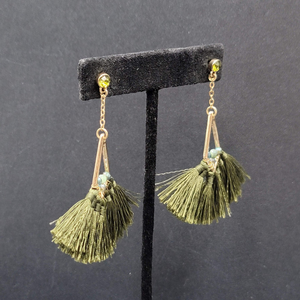 Pierced Earrings Gold tone Green Rhinestone Tassel Dangle 3"