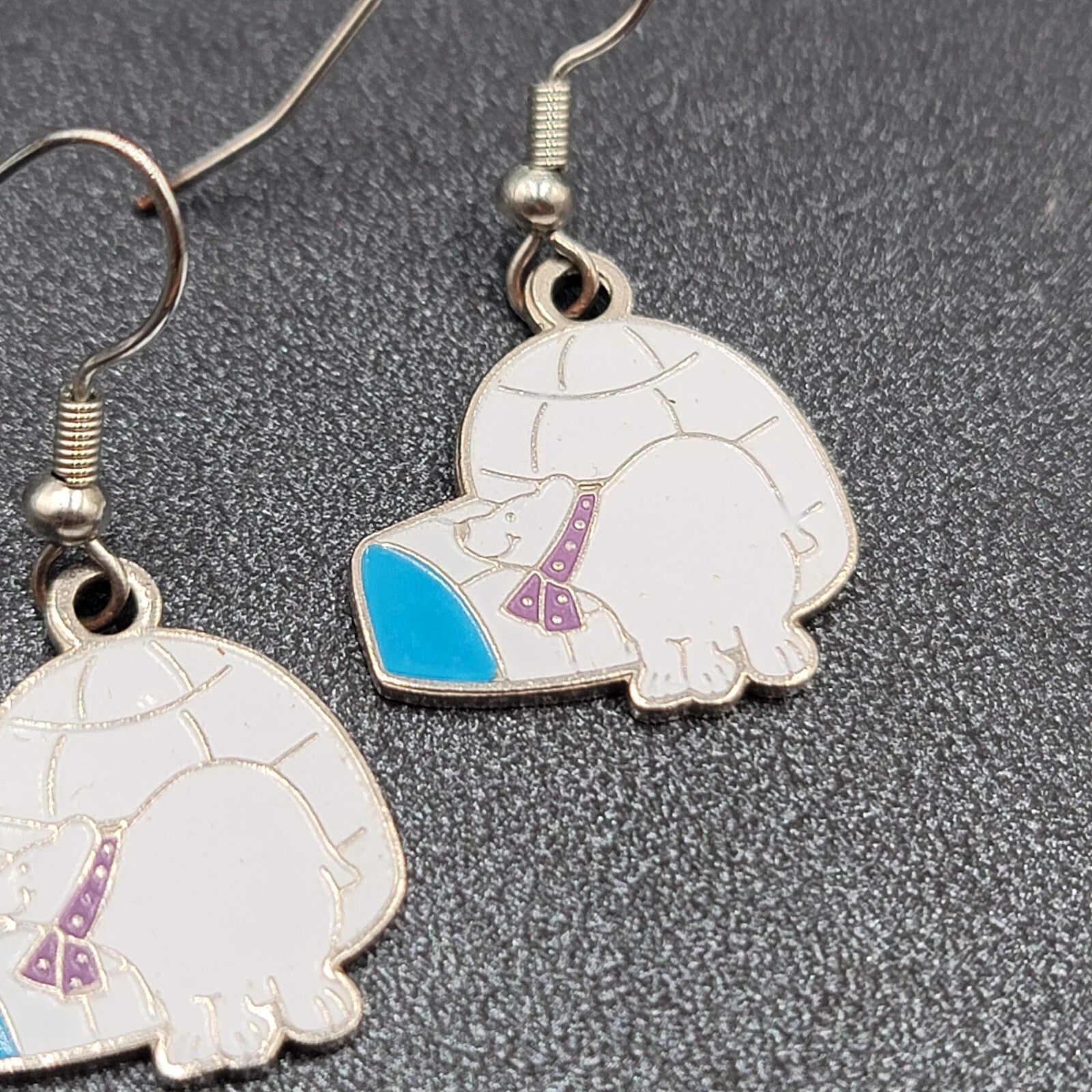 Vintage Pierced Earrings Igloo Polar Bear Dangle Enamel Silver tone Dangle 7/8"