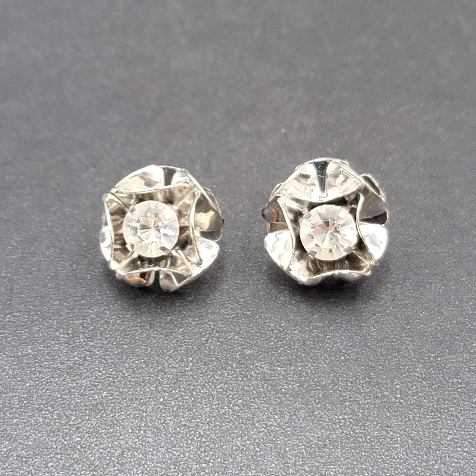 Pierced Earrings Silver tone Rhinestones Flower 3D Studs  3/4"