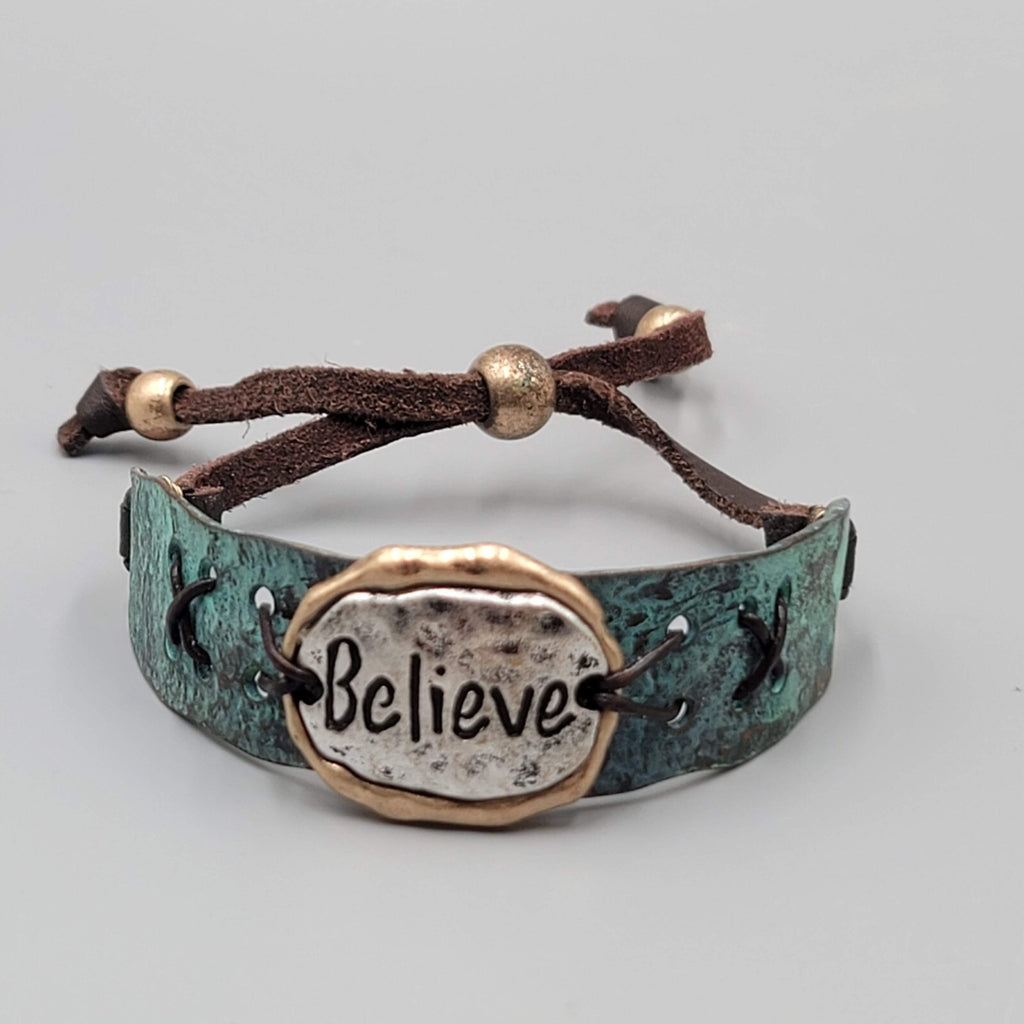 Believe Bracelet Metal and Leather Adjustable Strap Men Women Unisex