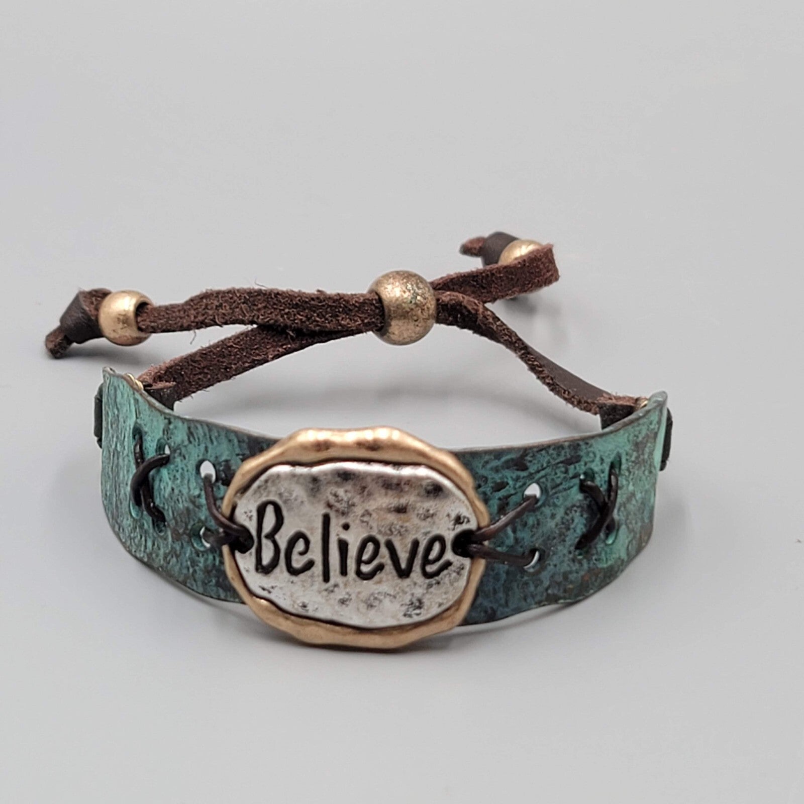 Believe Bracelet Metal and Leather Adjustable Strap Men Women Unisex