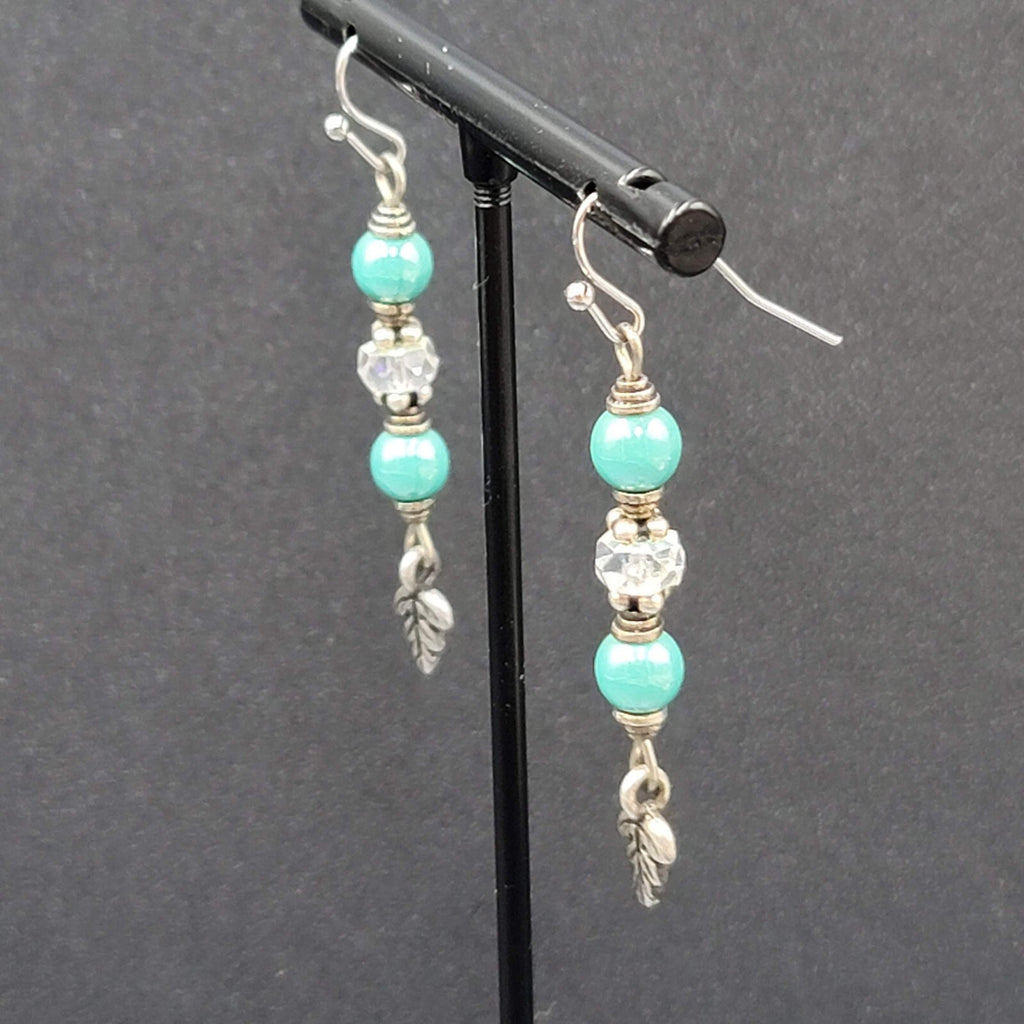 Pierced Earrings Silver tone Blue Bead Leaf Charm Dangle 1.5"