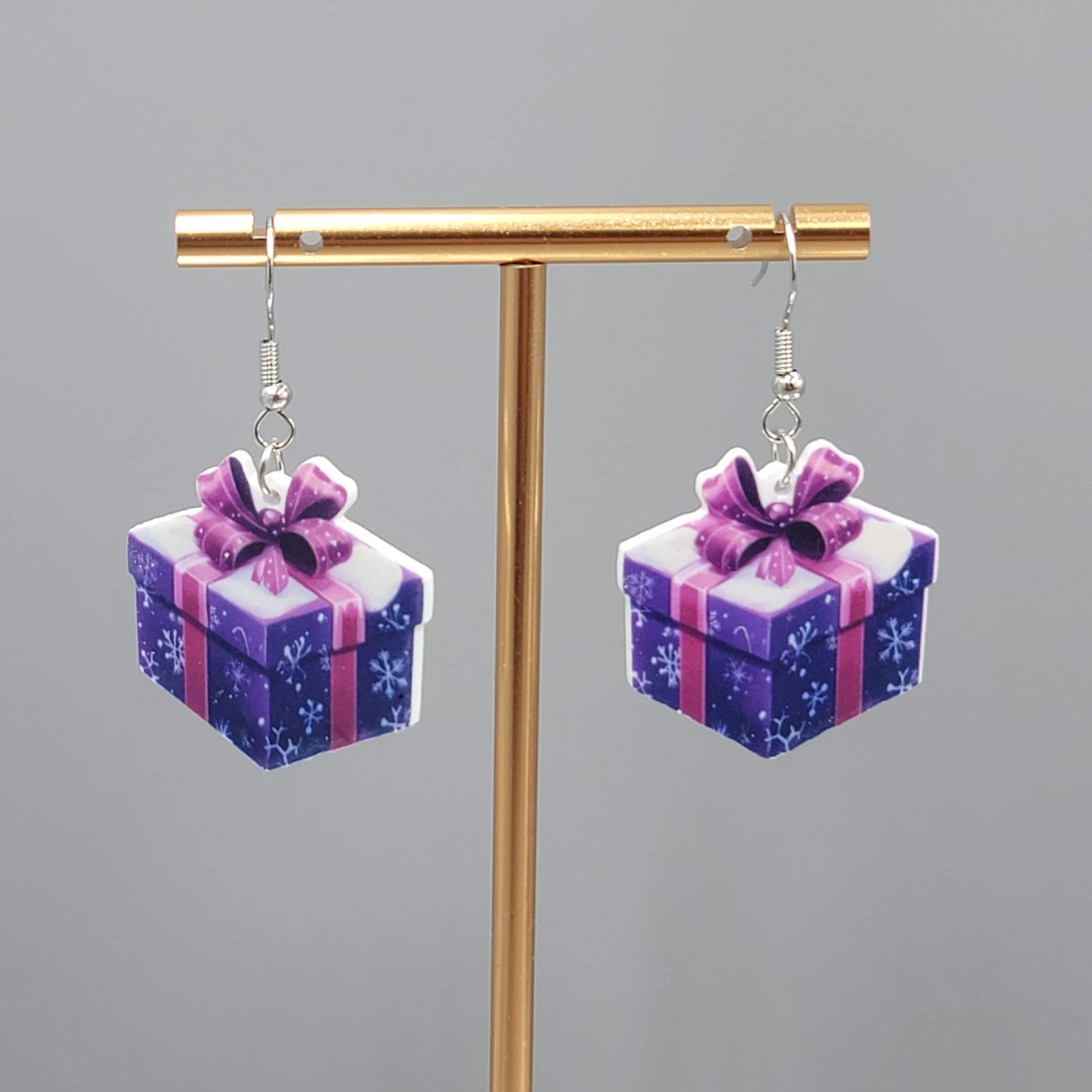 Christmas Present Pierced Earrings Silver tone Dangle Purple Pink 1.25 in