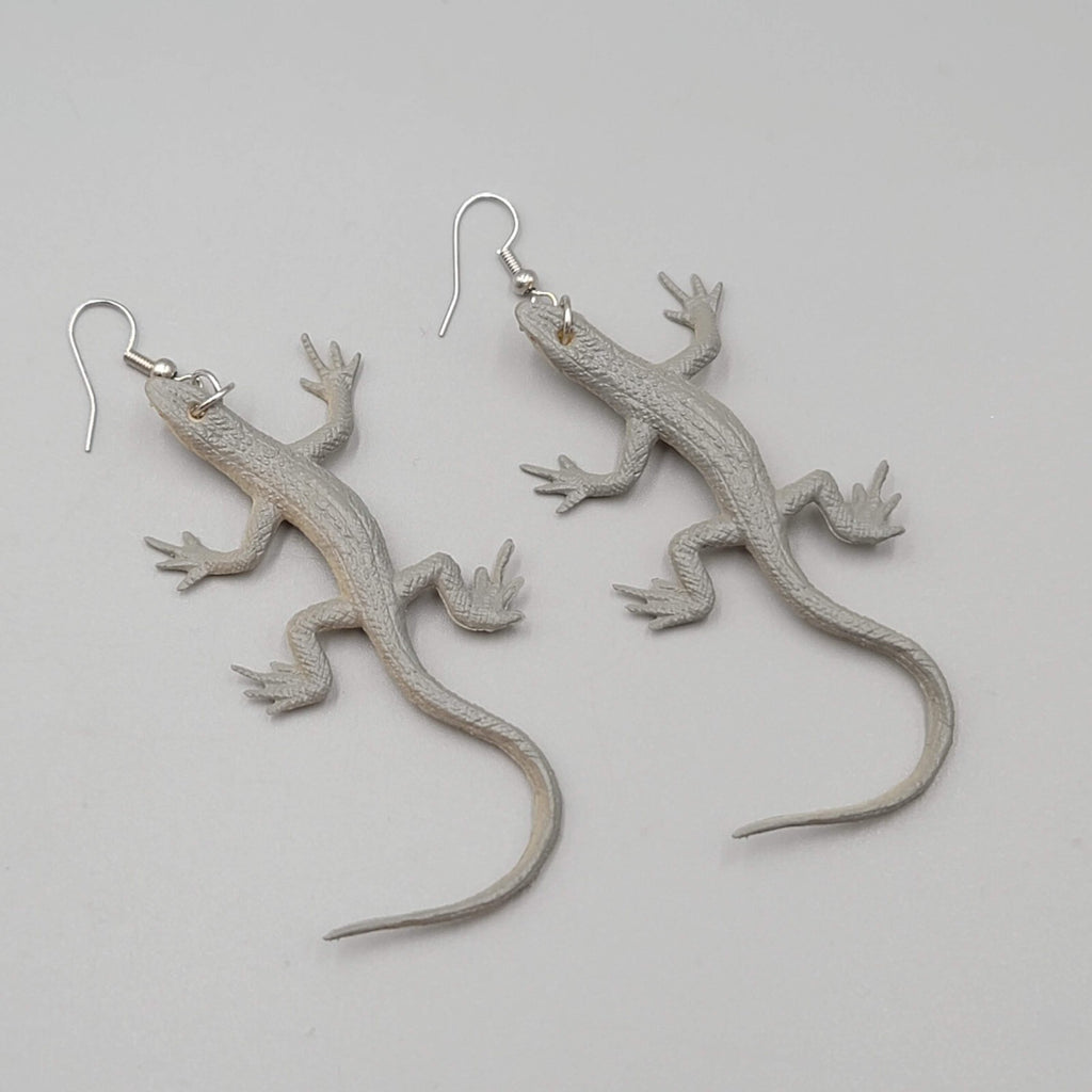 Gray Lizard Pierced Earrings Vinyl Dangle 2.75"
