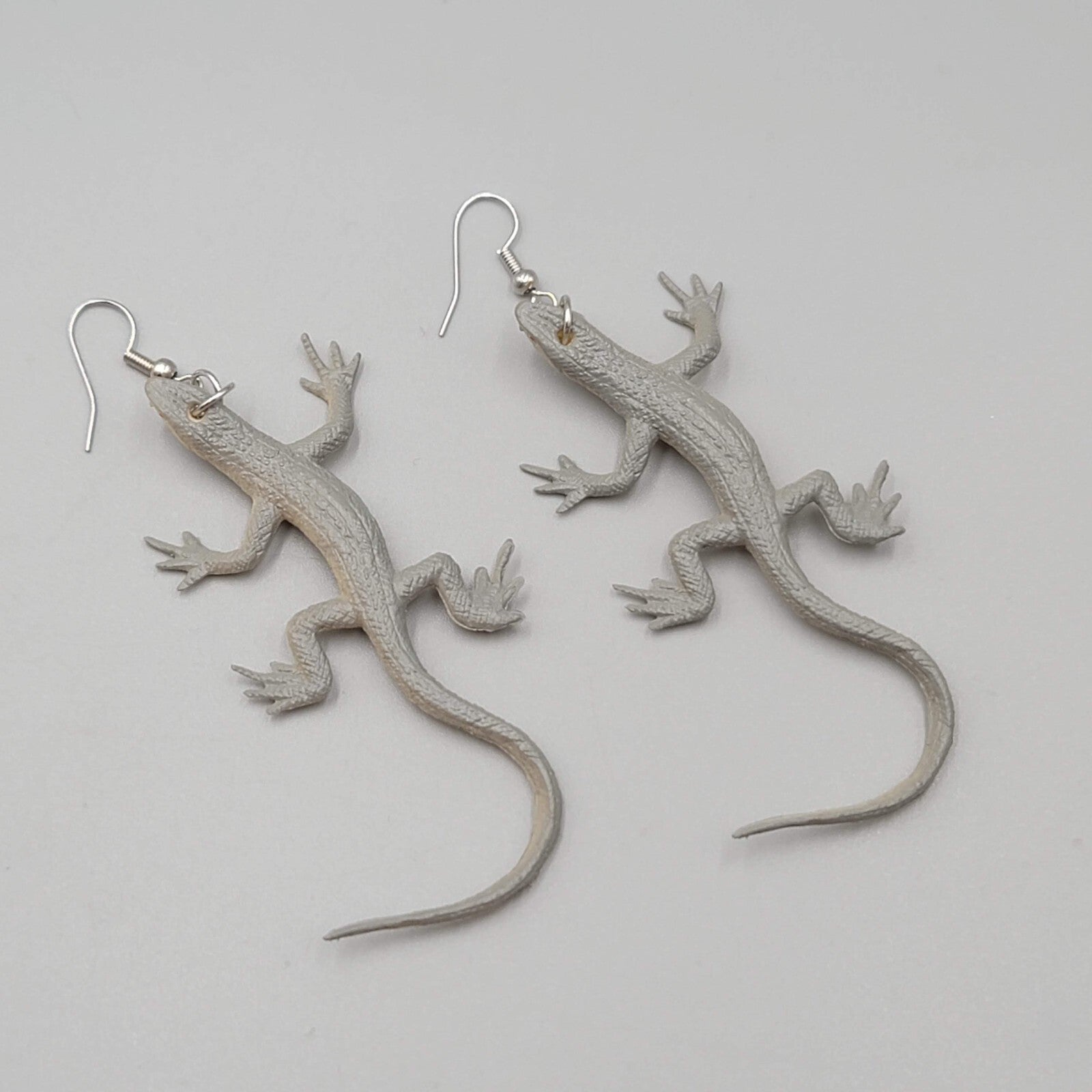 Gray Lizard Pierced Earrings Vinyl Dangle 2.75"
