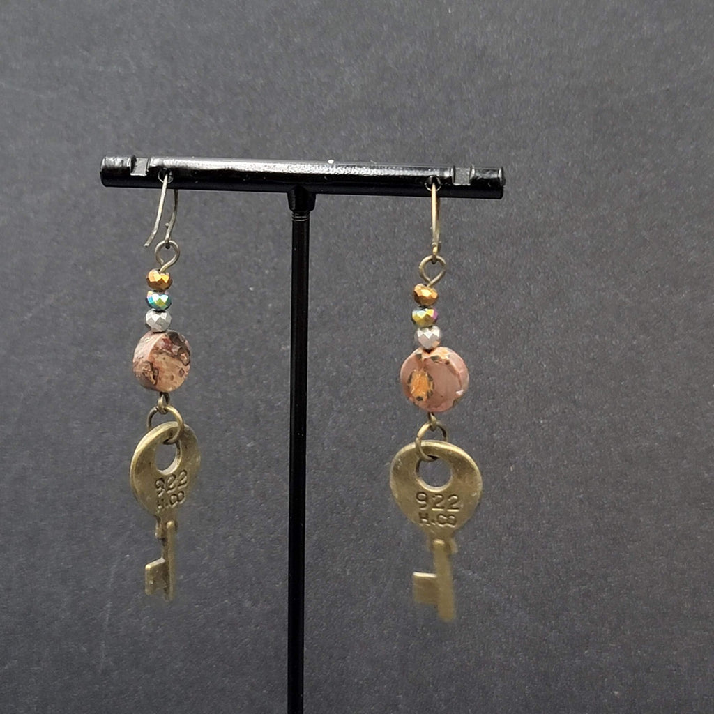 KEY Pierced Earrings Antiqued Gold tone Agate Stone Bead Dangle 2.25"