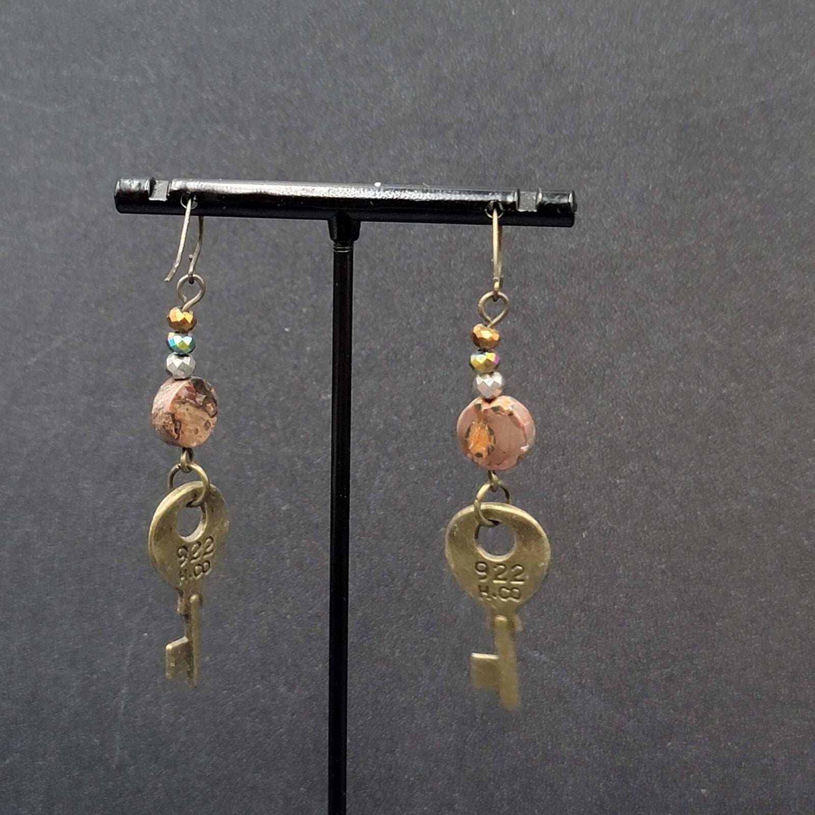 KEY Pierced Earrings Antiqued Gold tone Agate Stone Bead Dangle 2.25"