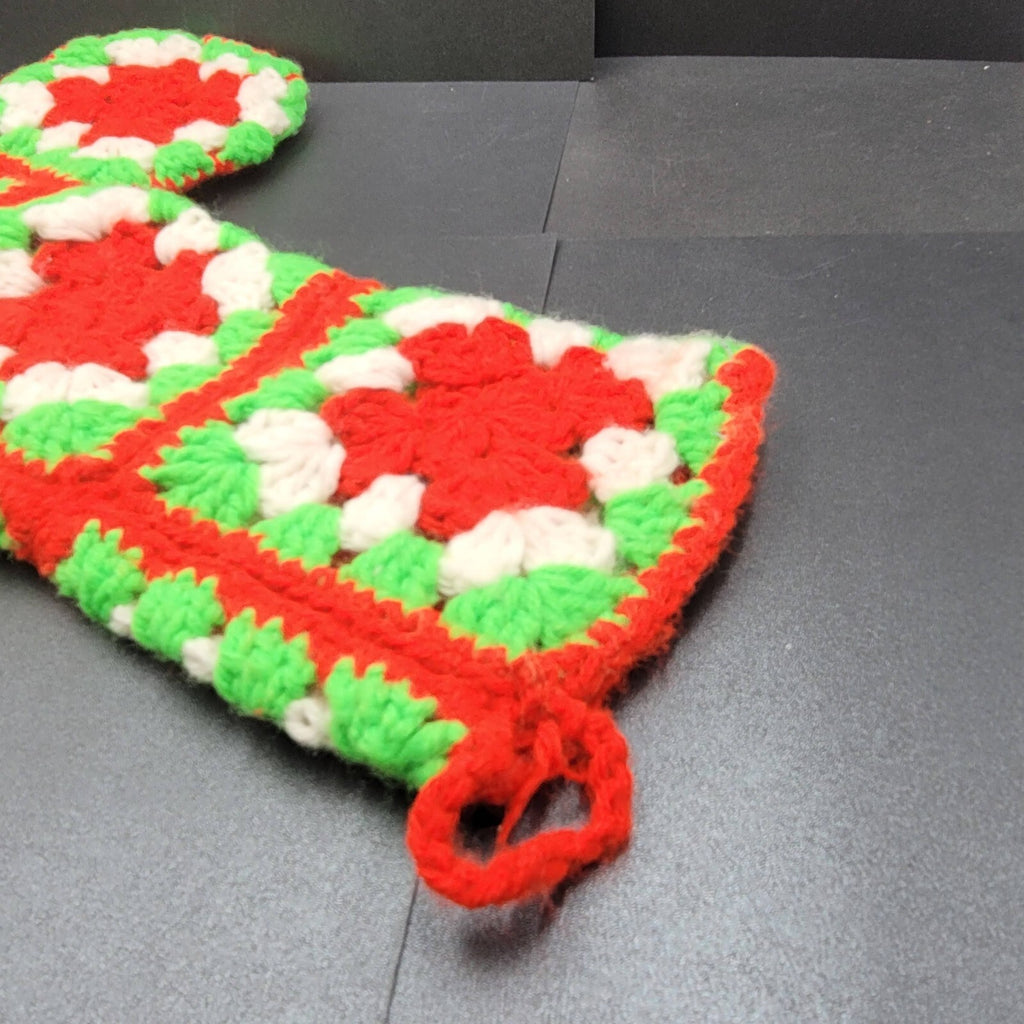 Handmade Crocheted Granny Square Red Green White Christmas Stocking 15"