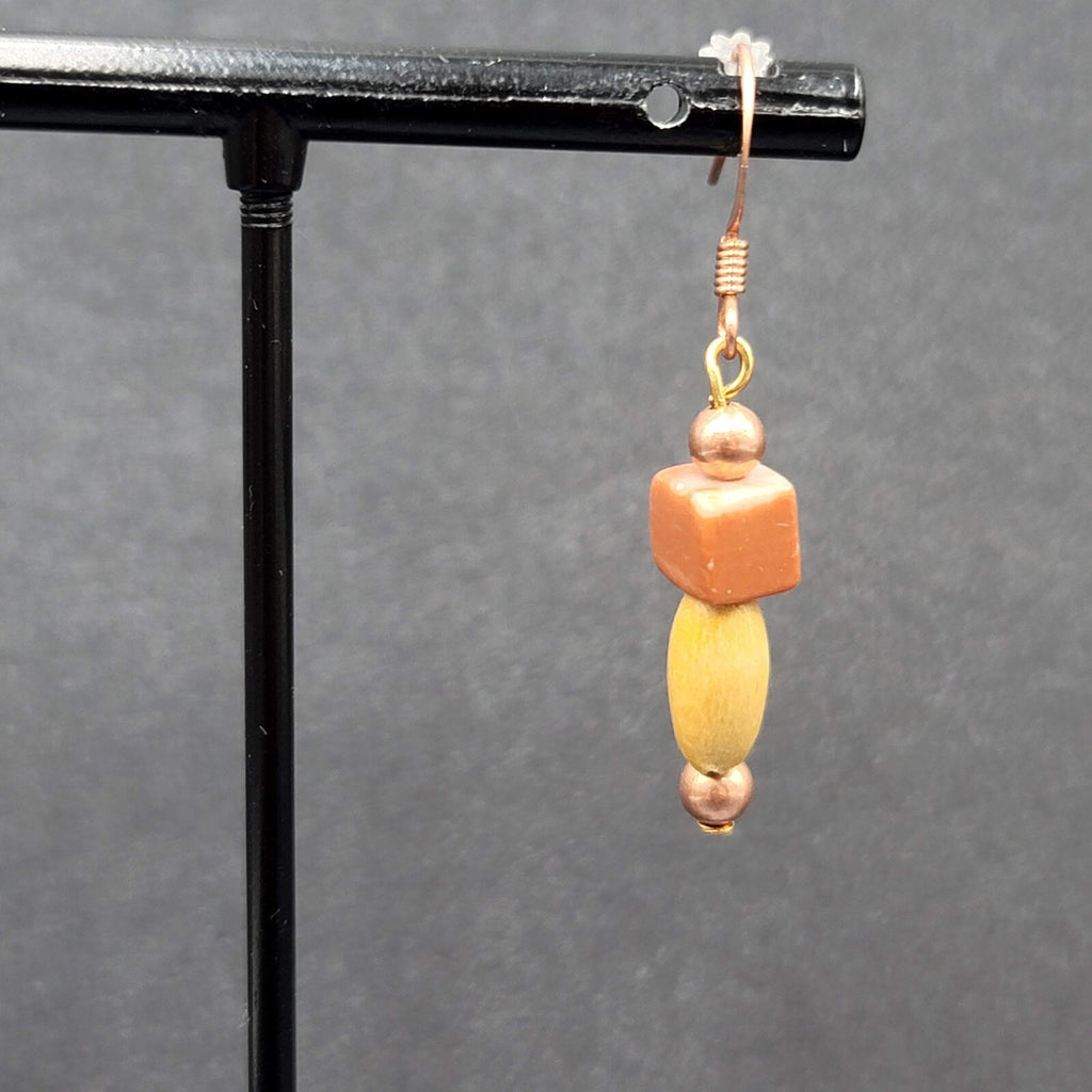 Pierced Earrings Red Stone Wood Bead Copper tone Dangle  1"