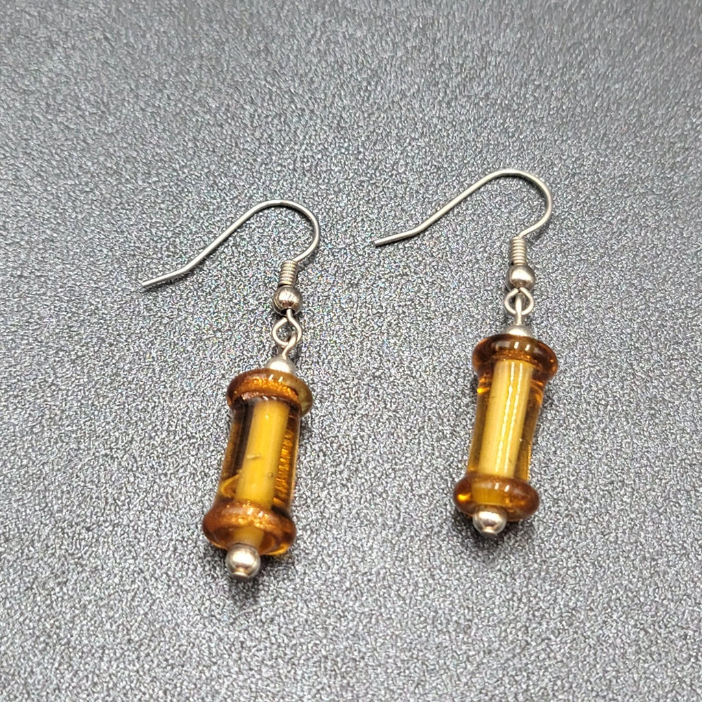Pierced Earrings Silver tone Orange Art Glass Bead Dangle 1"