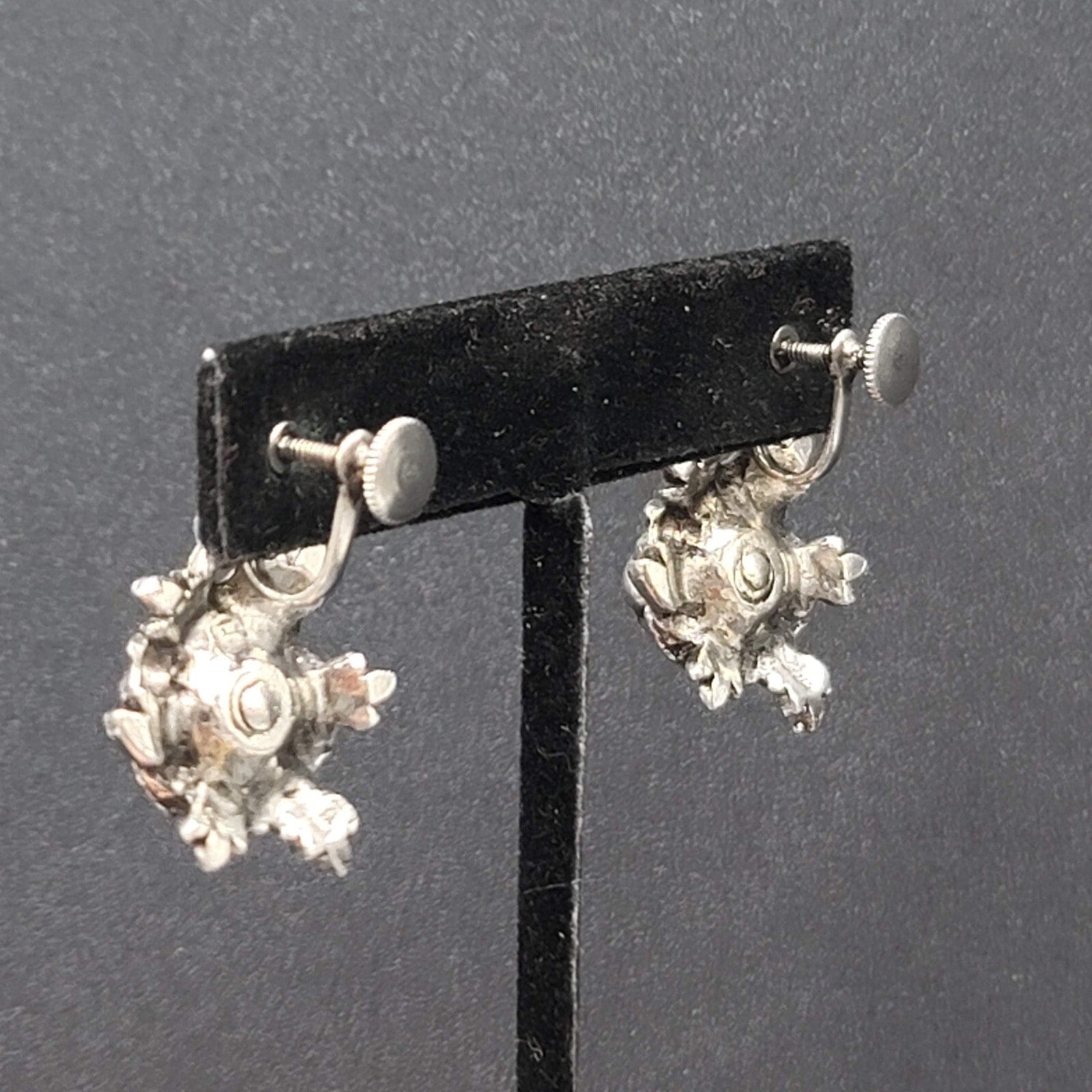 Vintage Clip on Earrings Silver tone 3D Flower Rhinestone Dangle 1"