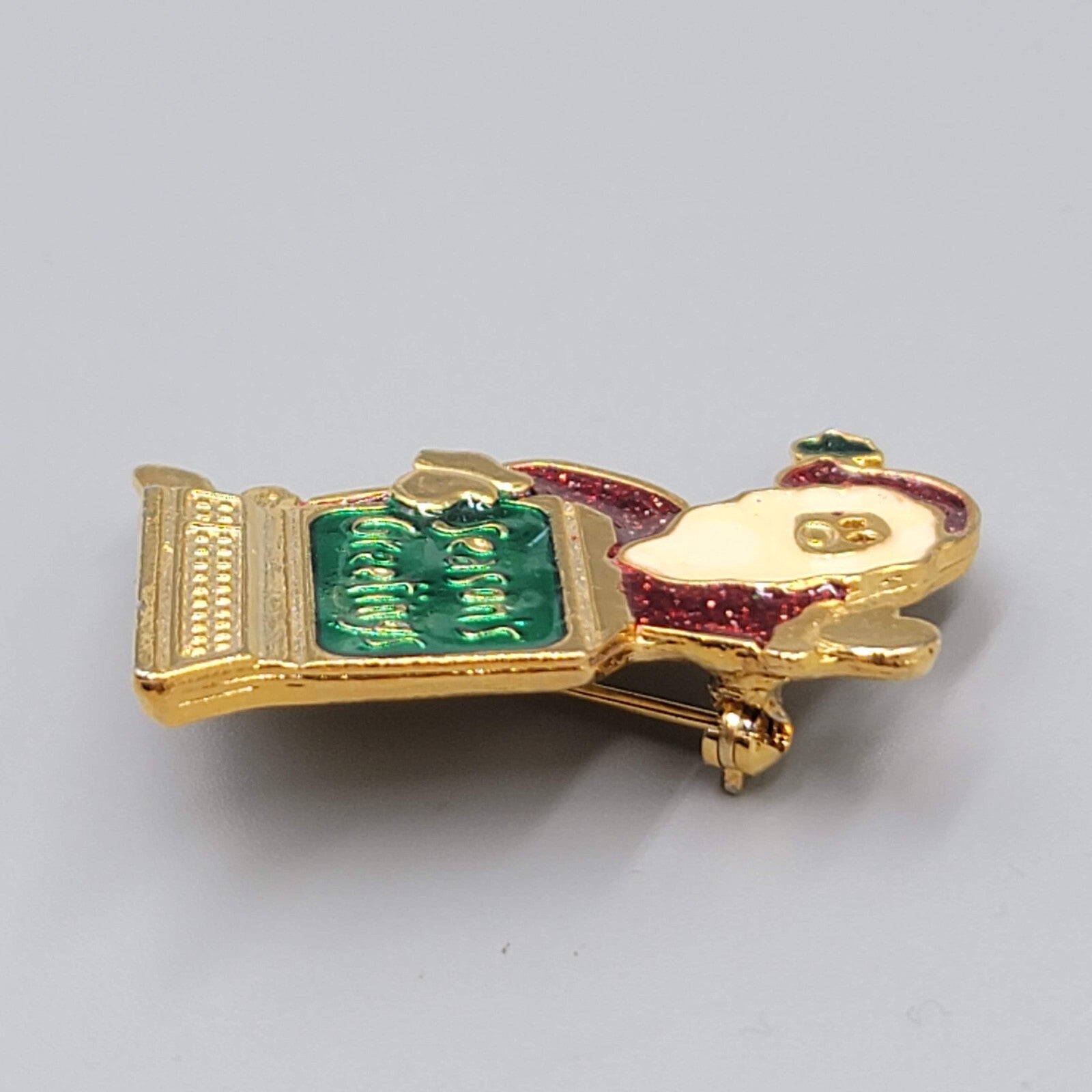 Vintage Christmas Brooch Santa at the Computer Gold tone Enamel 1 5/8"