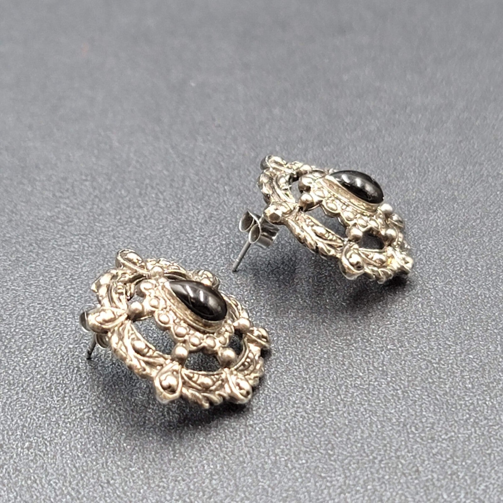 Vintage Pierced Earrings Silver tone Black Teardrop Stone Embossed Drop 1.75"