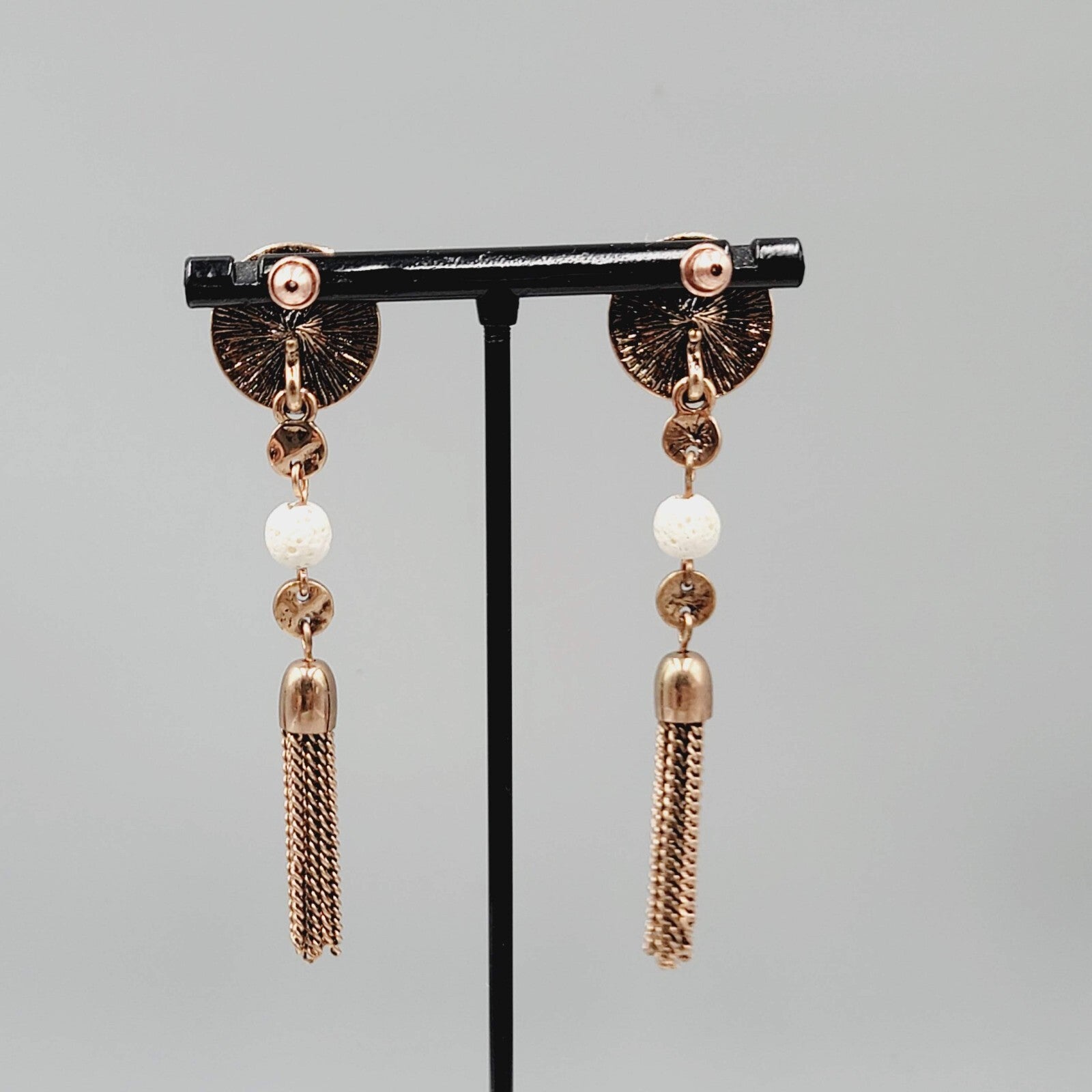 Pierced Earrings Copper tone Dangle Dangle Chains White Stone Bead 2.75"