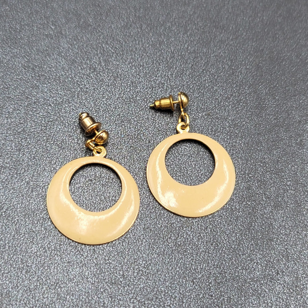 Vintage Pierced Earrings Gold tone Cream Enamel Dangle 1.25"