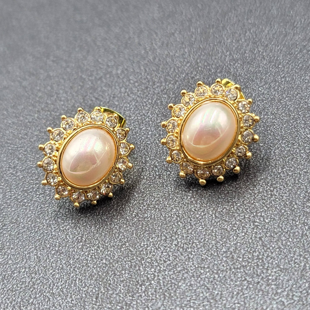 Pierced Earrings Gold Plated Crystal Oval Iridescent Cabochon Studs 5/8"